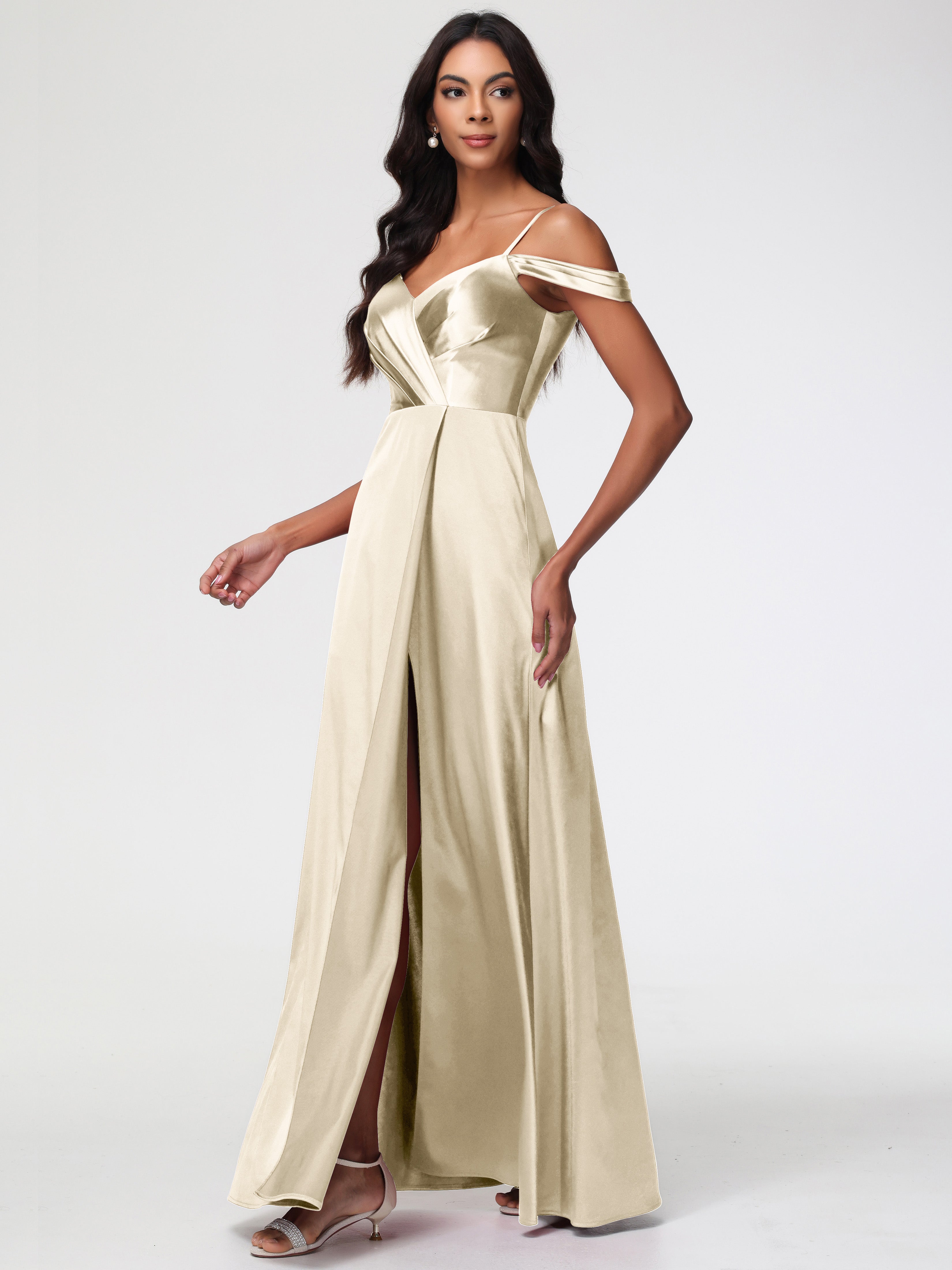 Demoiselle Dhonneur Robe Champagne Satin Extensible Robe Trapèze Demoiselle D'Honneur Épaule Dénudée