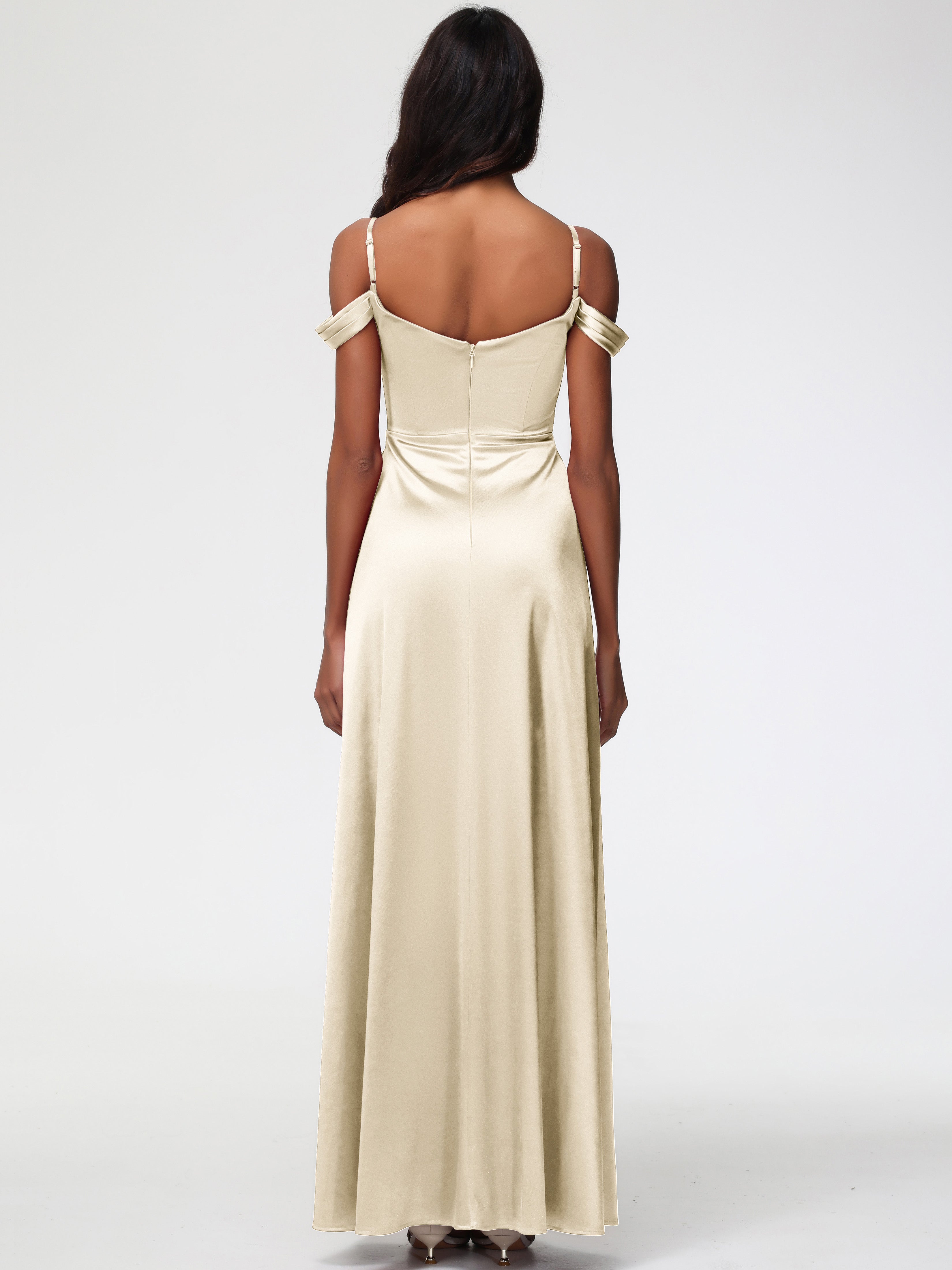 Demoiselle Dhonneur Robe Champagne Satin Extensible Robe Trapèze Demoiselle D'Honneur Épaule Dénudée