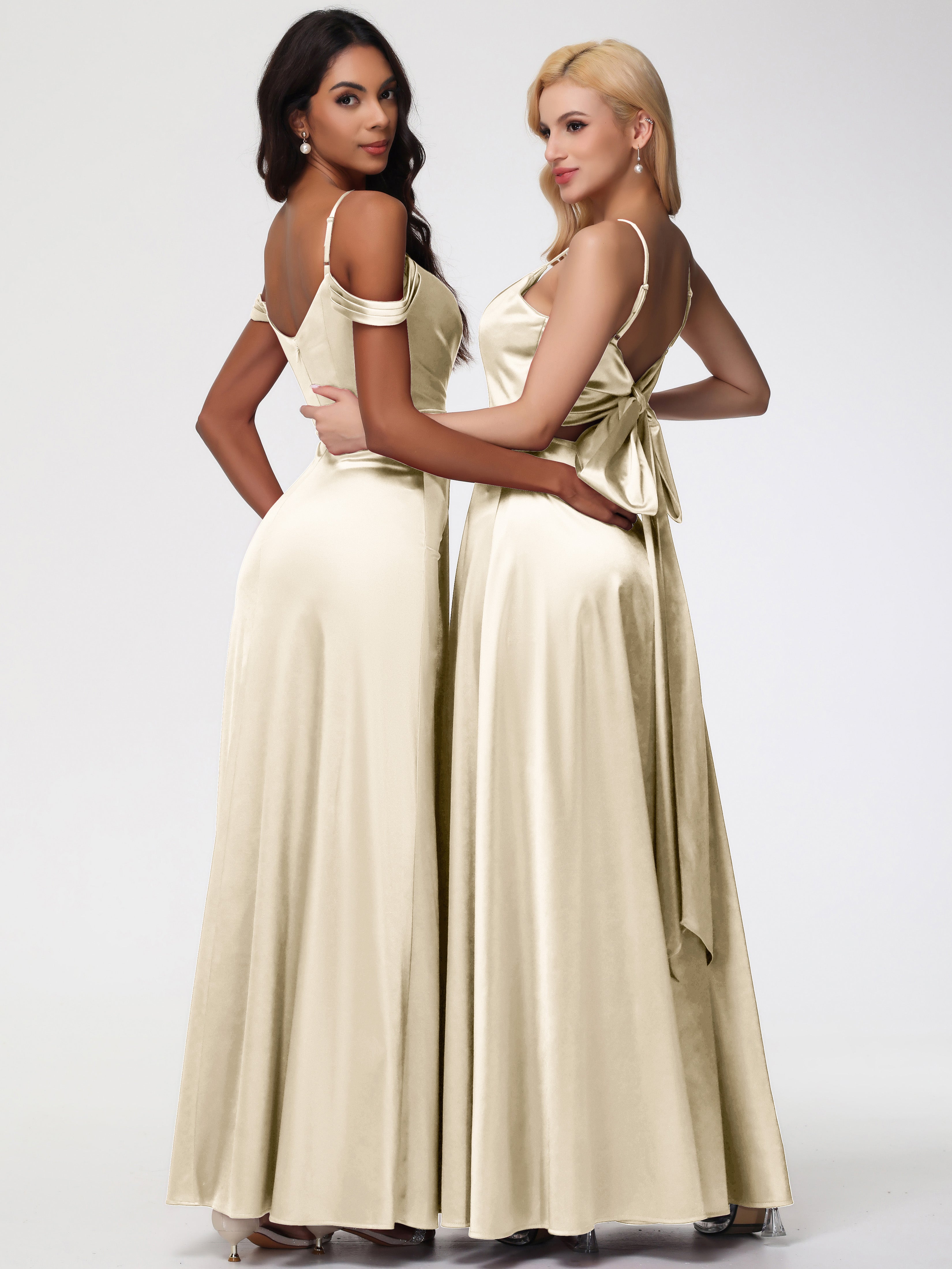 Demoiselle Dhonneur Robe Champagne Satin Extensible Robe Trapèze Demoiselle D'Honneur Épaule Dénudée