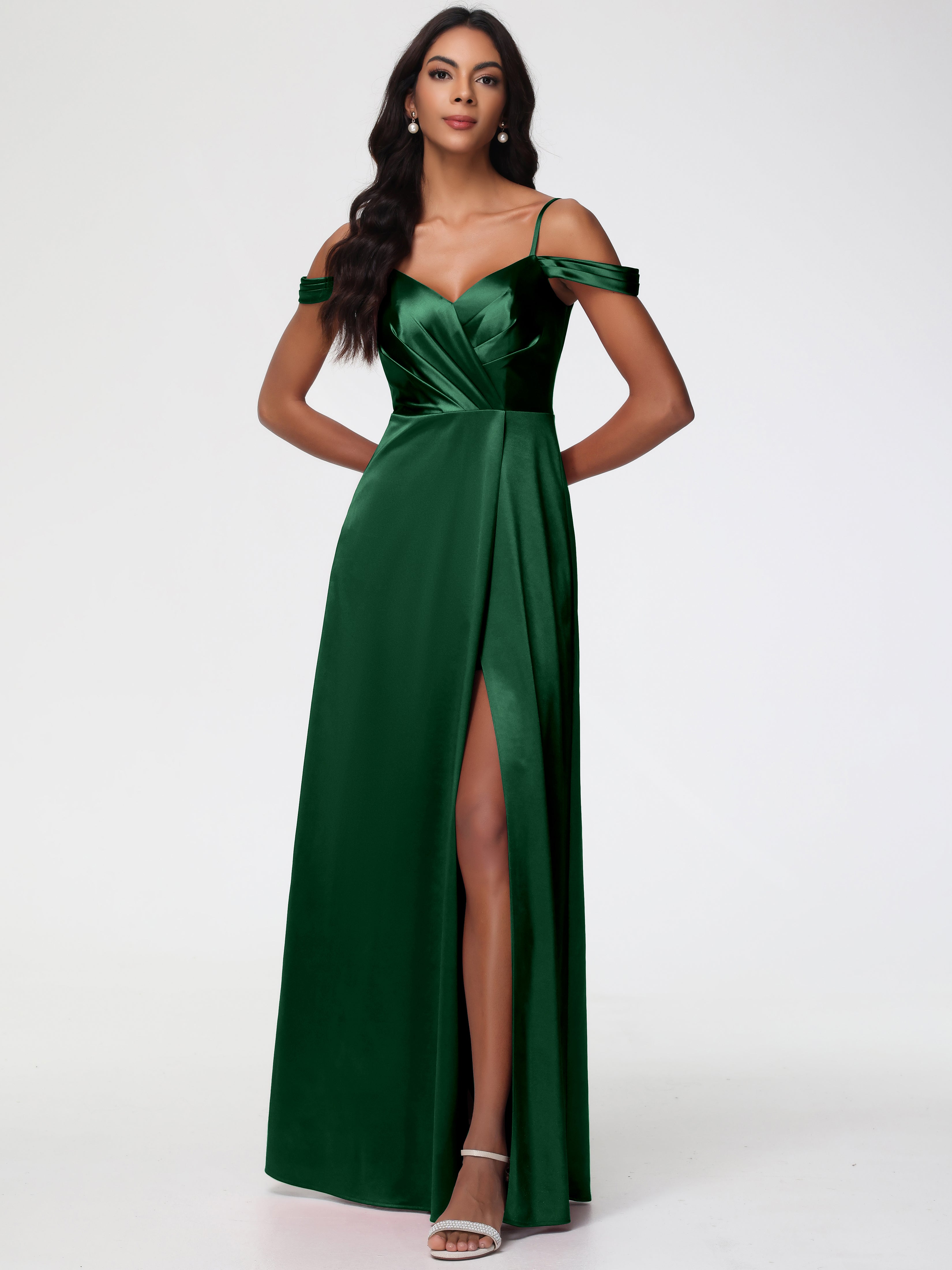 Robe Demoiselle D Honneur Vert Fonce Satin Extensible Robe Trapèze Demoiselle D'Honneur Épaule Dénudée