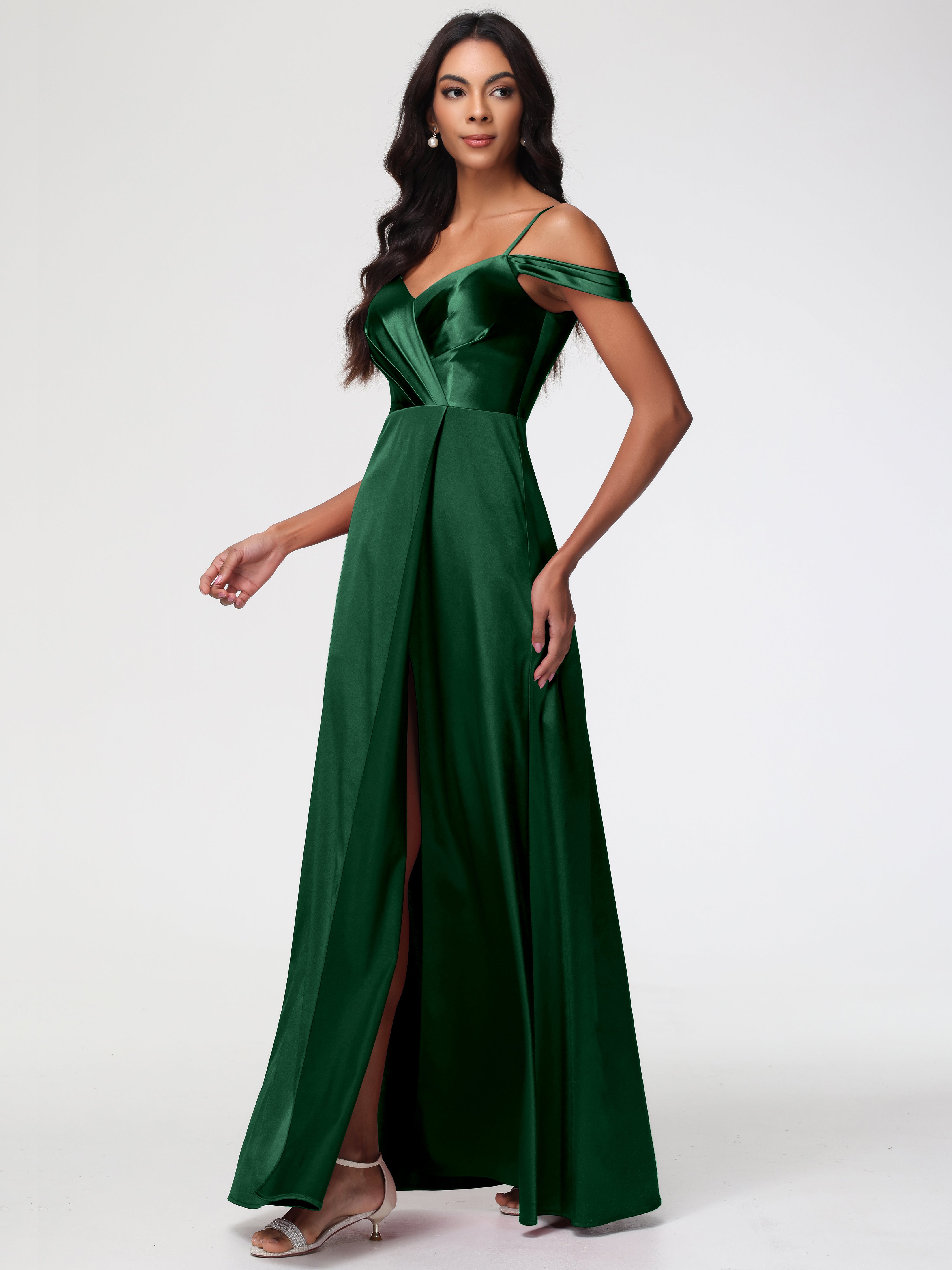 Robe Demoiselle D Honneur Vert Fonce Satin Extensible Robe Trapèze Demoiselle D'Honneur Épaule Dénudée