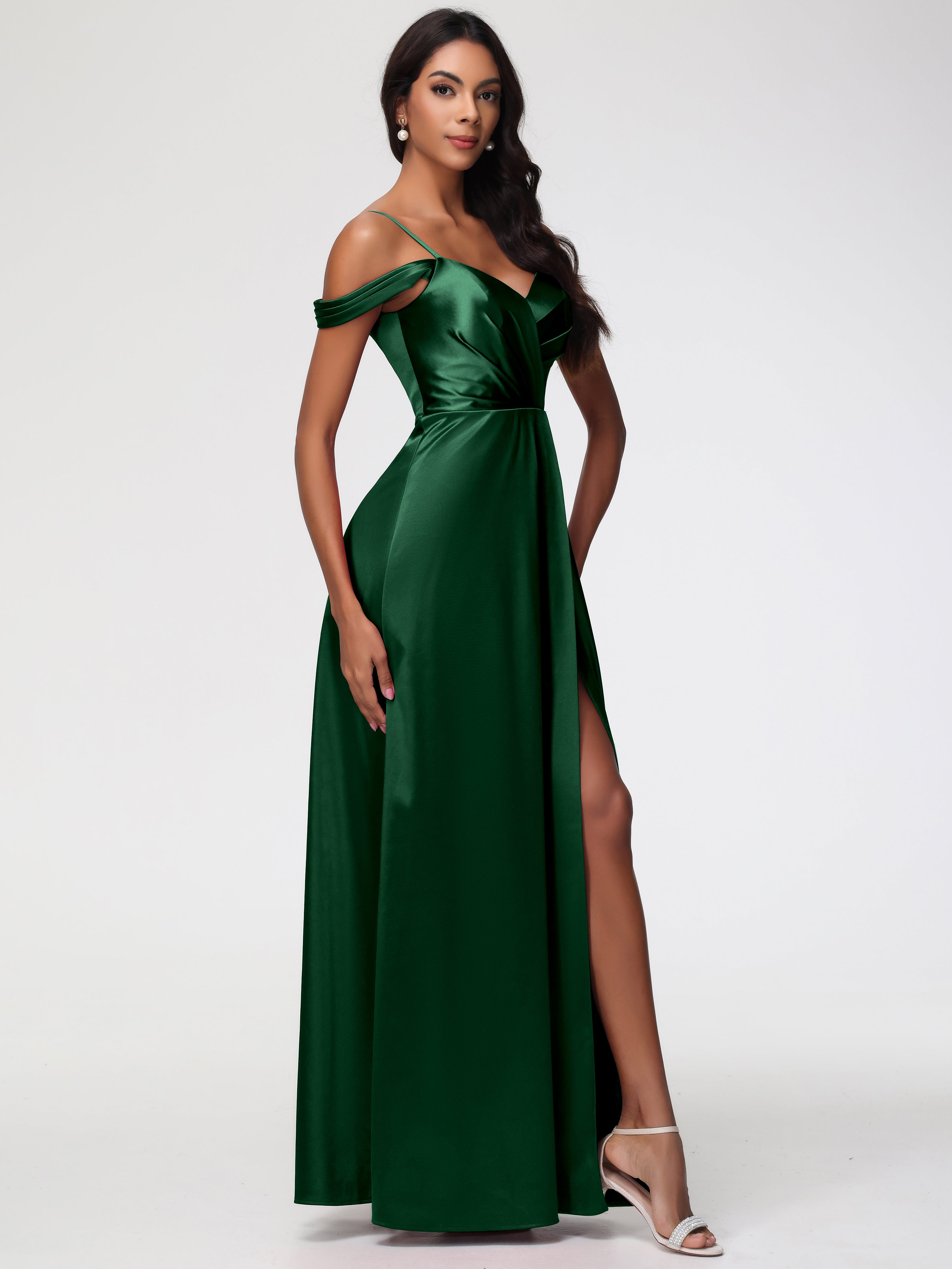 Robe Demoiselle D Honneur Vert Fonce Satin Extensible Robe Trapèze Demoiselle D'Honneur Épaule Dénudée