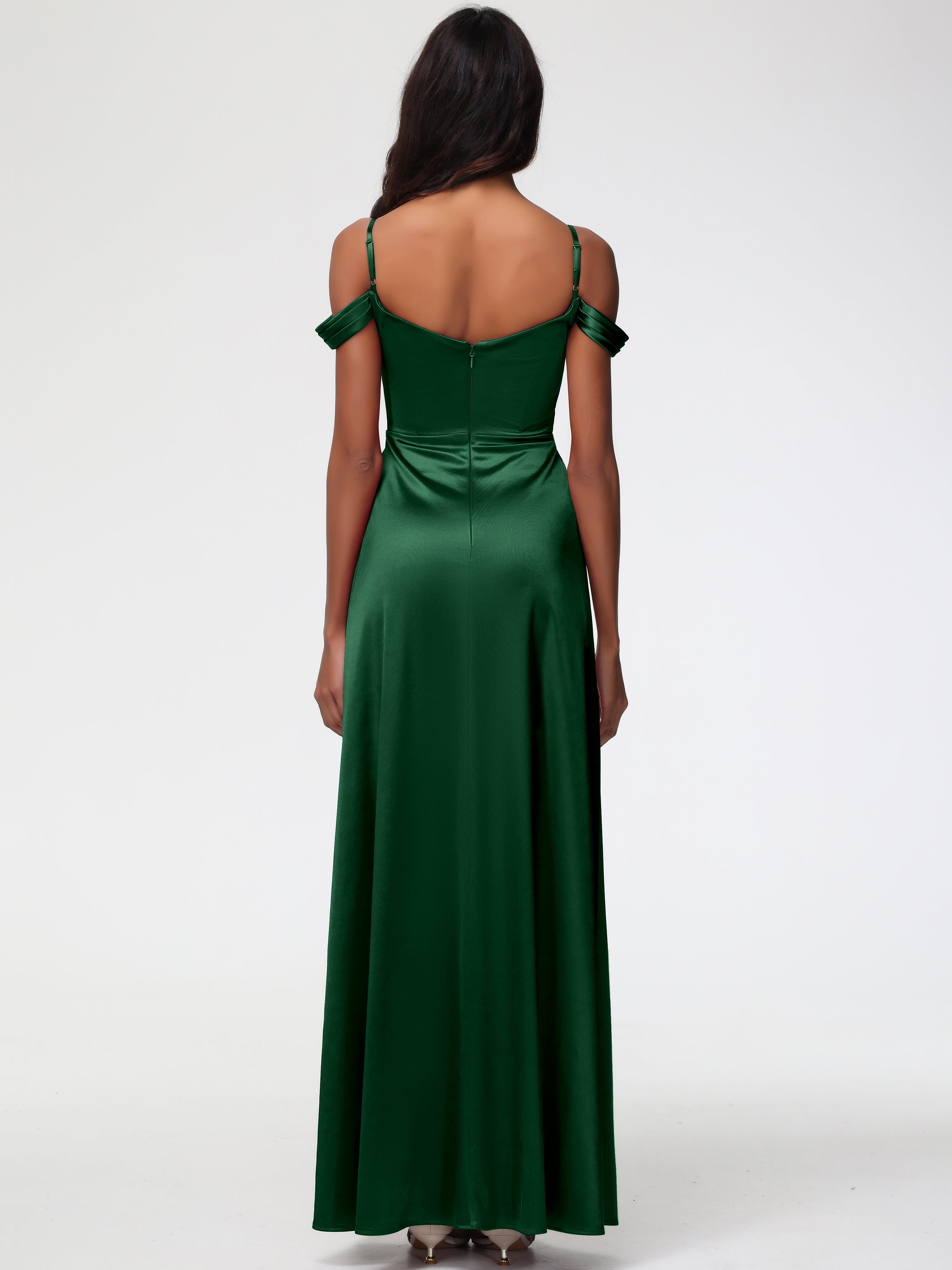 Robe Demoiselle D Honneur Vert Fonce Satin Extensible Robe Trapèze Demoiselle D'Honneur Épaule Dénudée