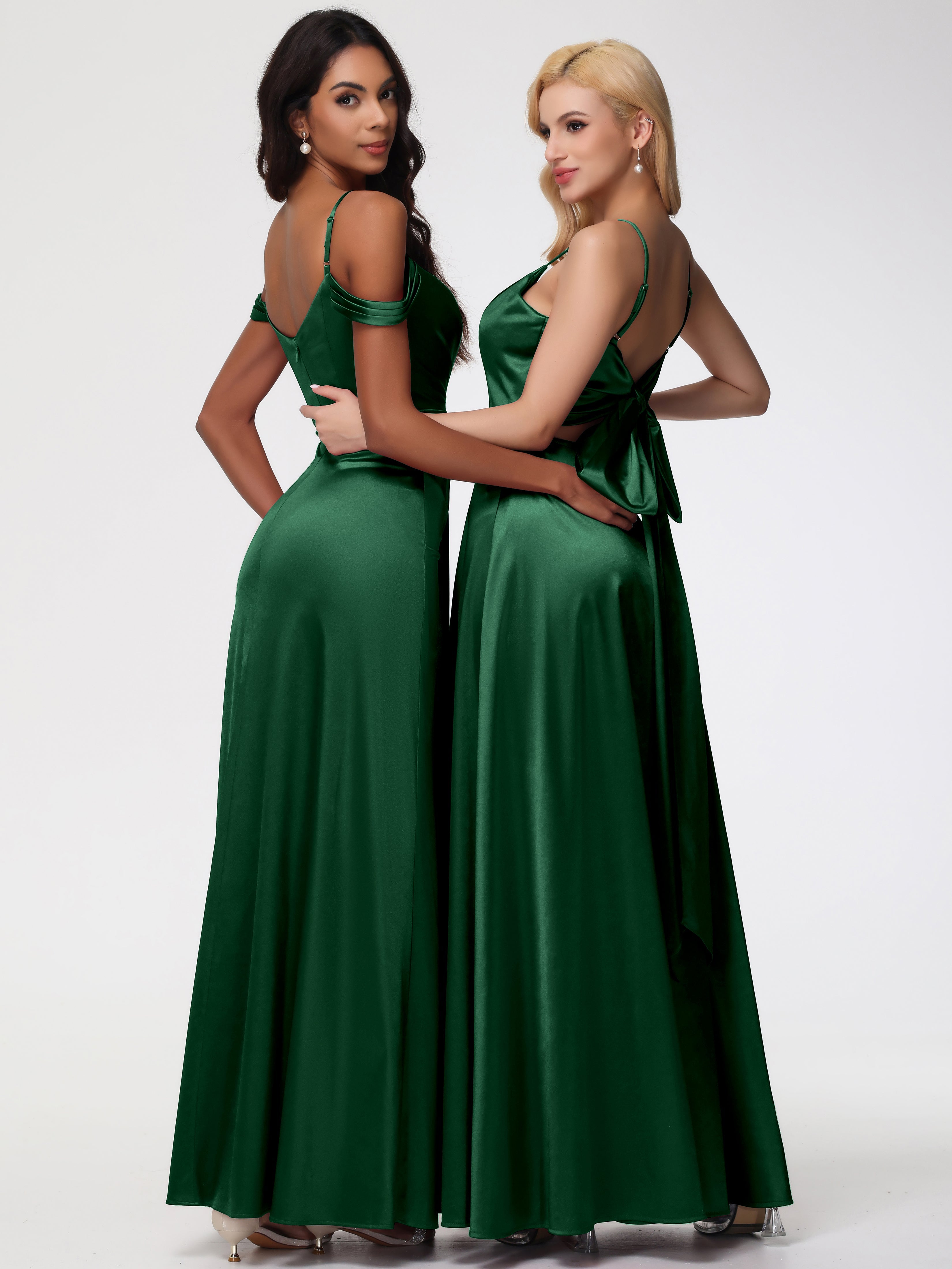 Robe Demoiselle D Honneur Vert Fonce Satin Extensible Robe Trapèze Demoiselle D'Honneur Épaule Dénudée