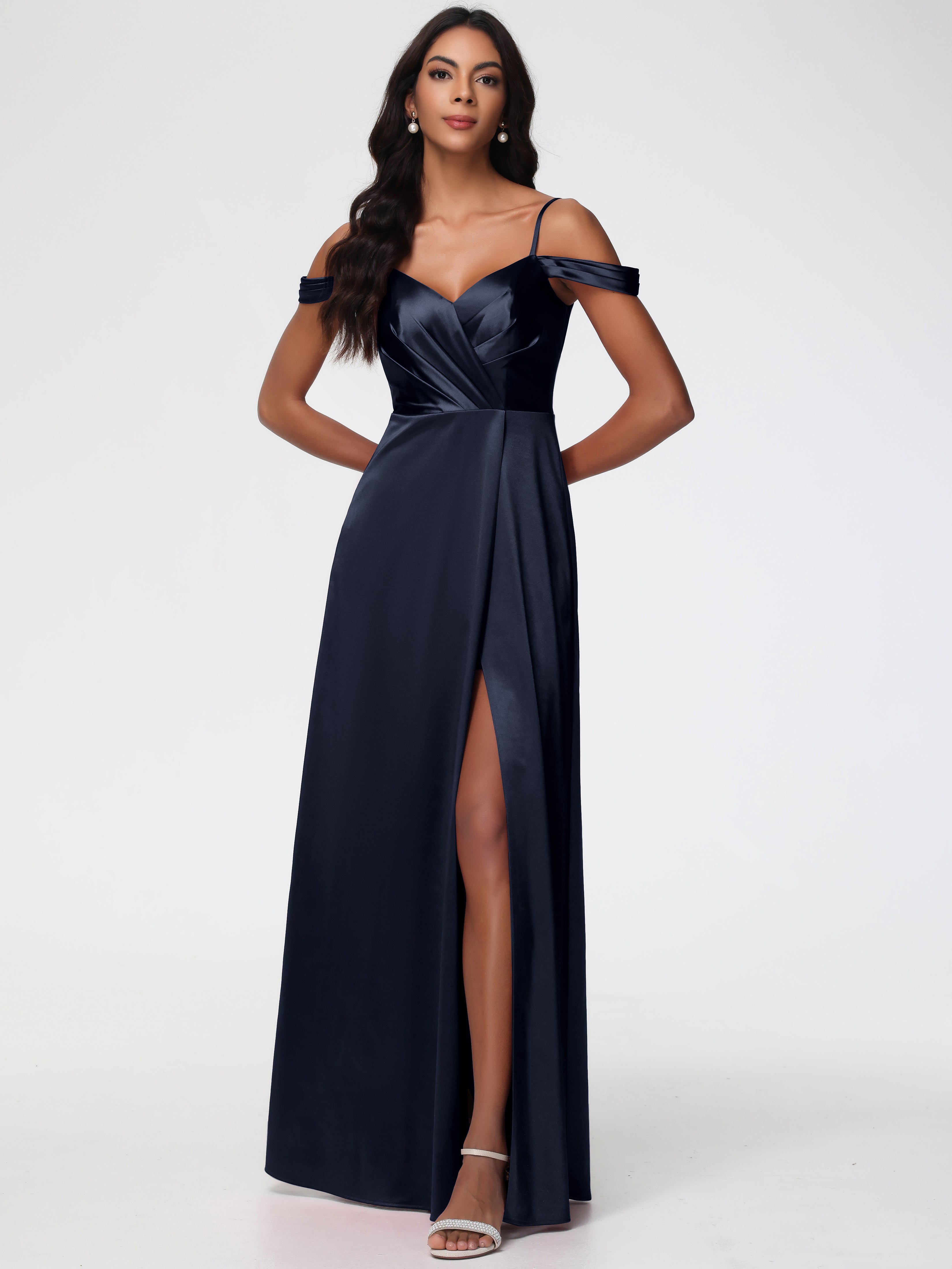 Robes De Demoiselle D'Honneur Bleu Marine Pas Cher Satin Extensible Robe Trapèze Demoiselle D'Honneur Épaule Dénudée