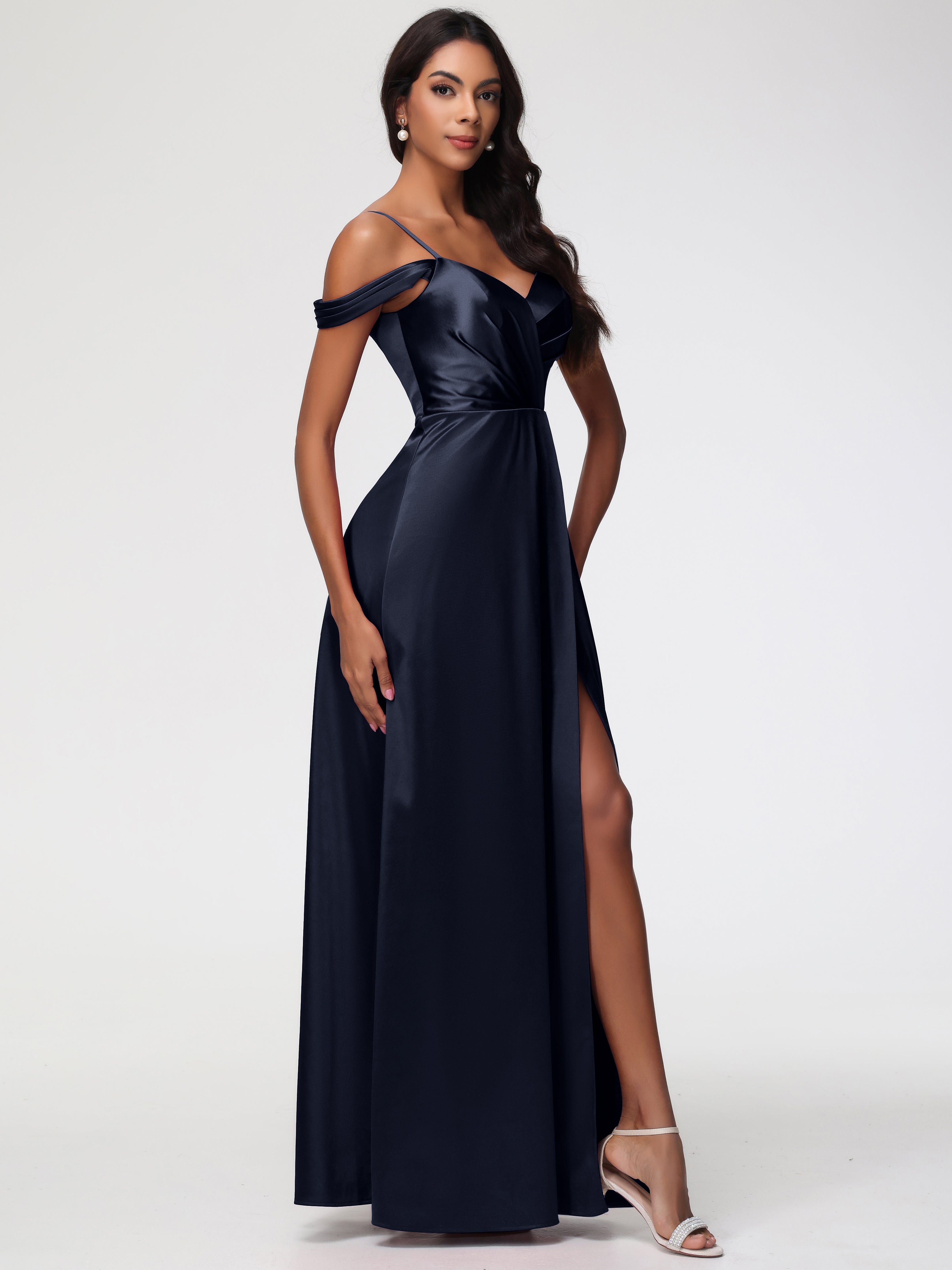 Robes De Demoiselle D'Honneur Bleu Marine Pas Cher Satin Extensible Robe Trapèze Demoiselle D'Honneur Épaule Dénudée