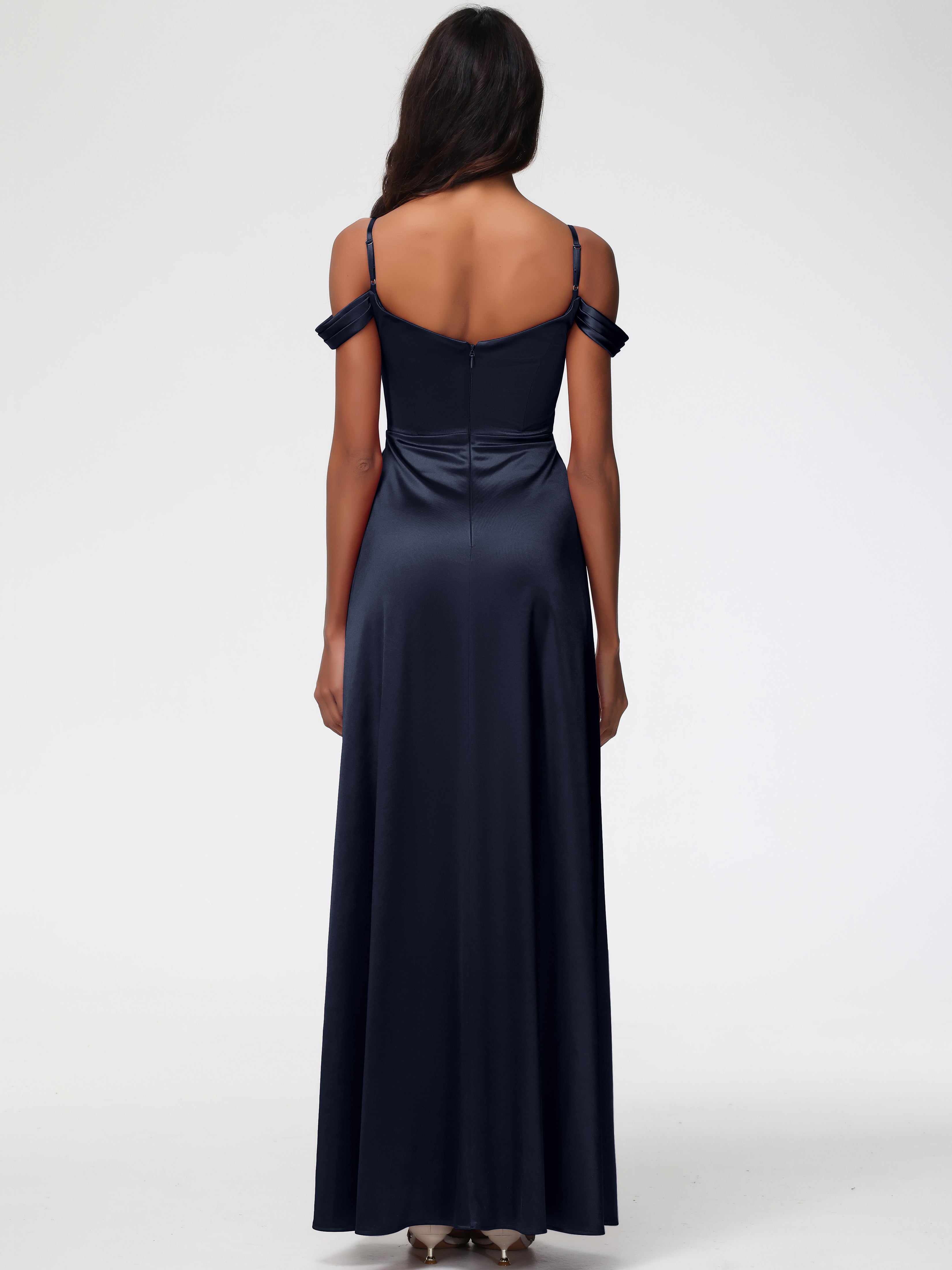 Robes De Demoiselle D'Honneur Bleu Marine Pas Cher Satin Extensible Robe Trapèze Demoiselle D'Honneur Épaule Dénudée