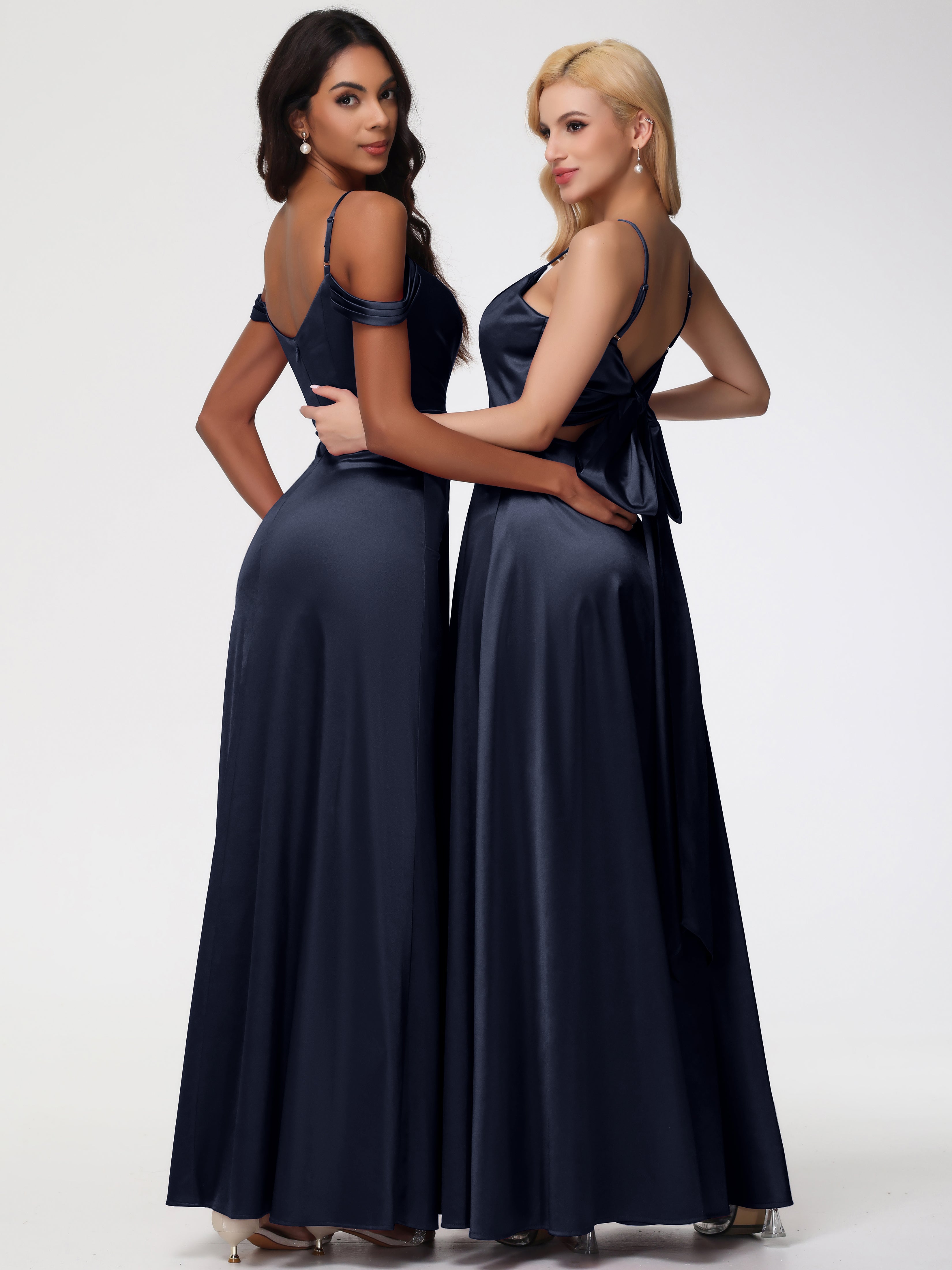 Robes De Demoiselle D'Honneur Bleu Marine Pas Cher Satin Extensible Robe Trapèze Demoiselle D'Honneur Épaule Dénudée