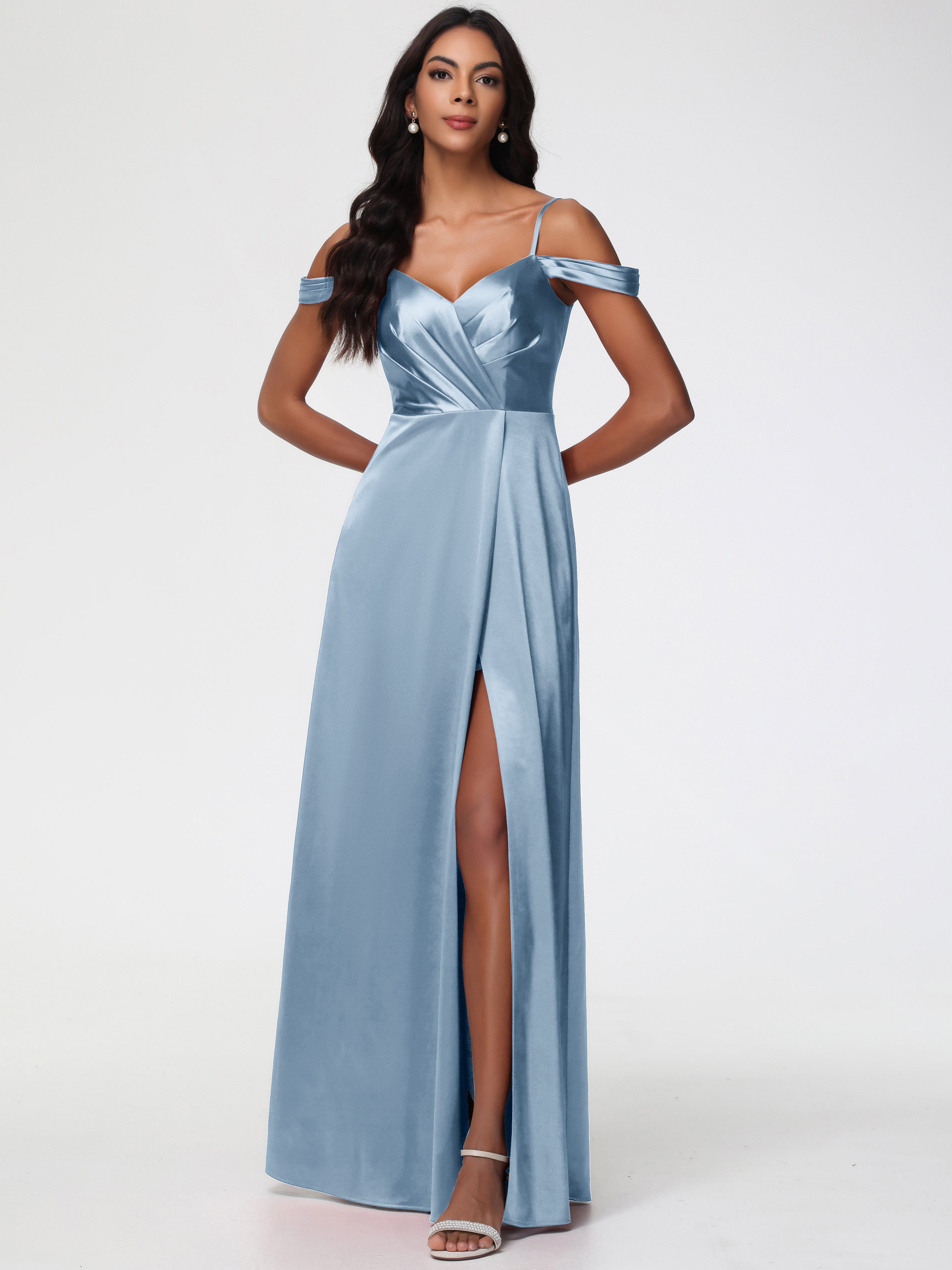 Robes De Demoiselle D'Honneur Bleu Poudre Satin Extensible Robe Trapèze Demoiselle D'Honneur Épaule Dénudée