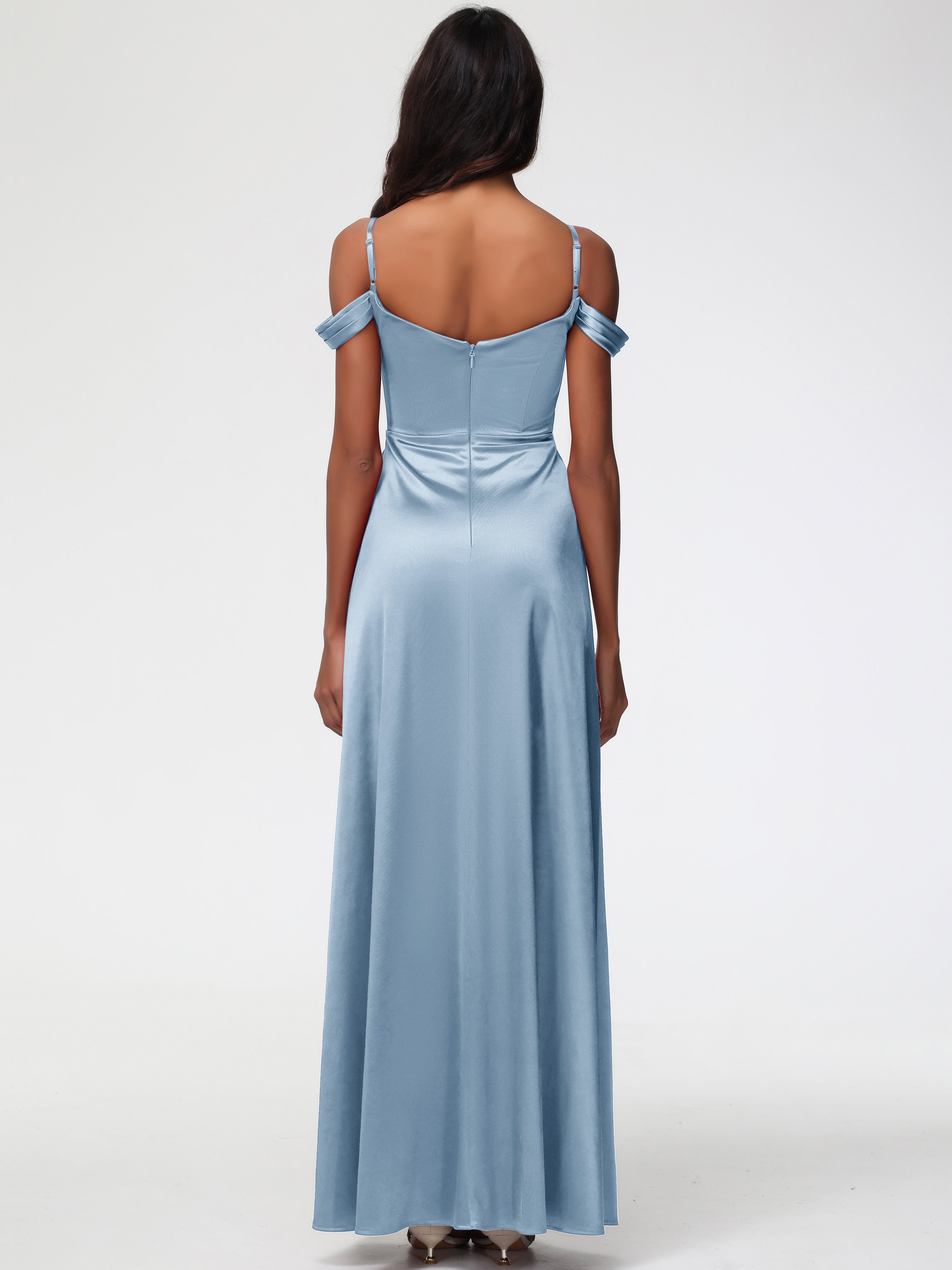 Robes De Demoiselle D'Honneur Bleu Poudre Satin Extensible Robe Trapèze Demoiselle D'Honneur Épaule Dénudée