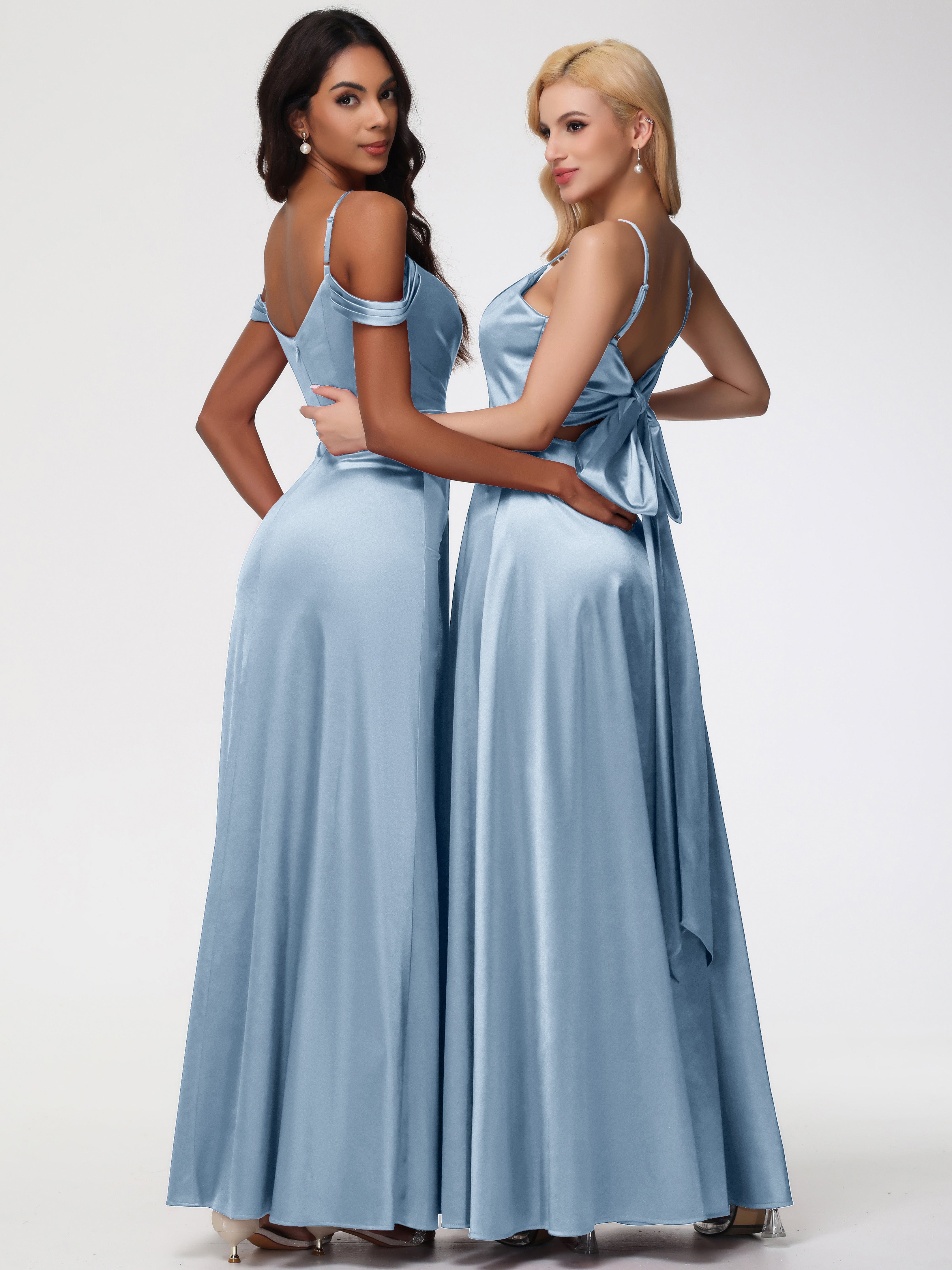 Robes De Demoiselle D'Honneur Bleu Poudre Satin Extensible Robe Trapèze Demoiselle D'Honneur Épaule Dénudée