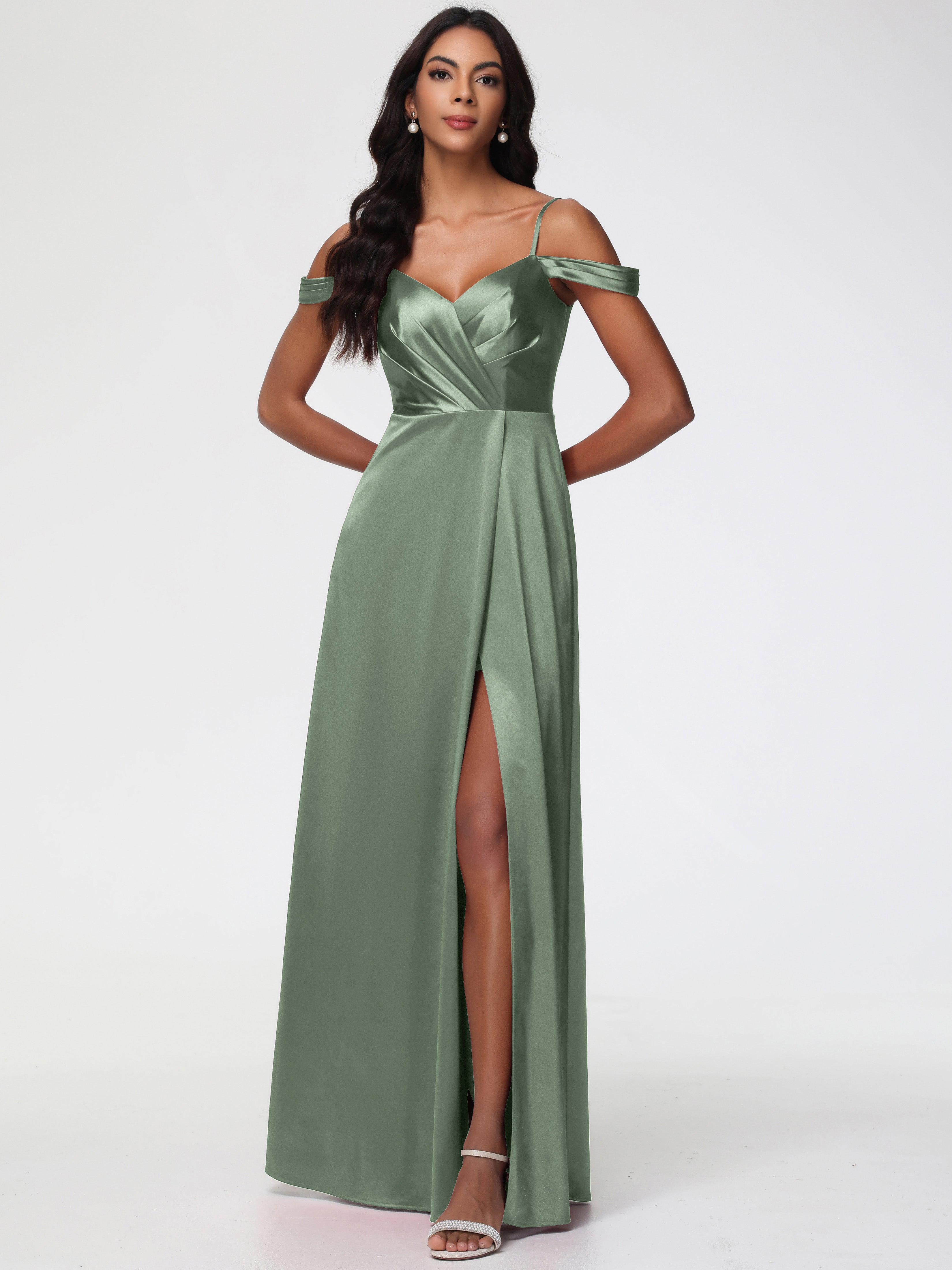 Robe De Demoiselle D'Honneur De Sauge Poussiéreuse Au Sol Satin Extensible Robe Trapèze Demoiselle D'Honneur Épaule Dénudée