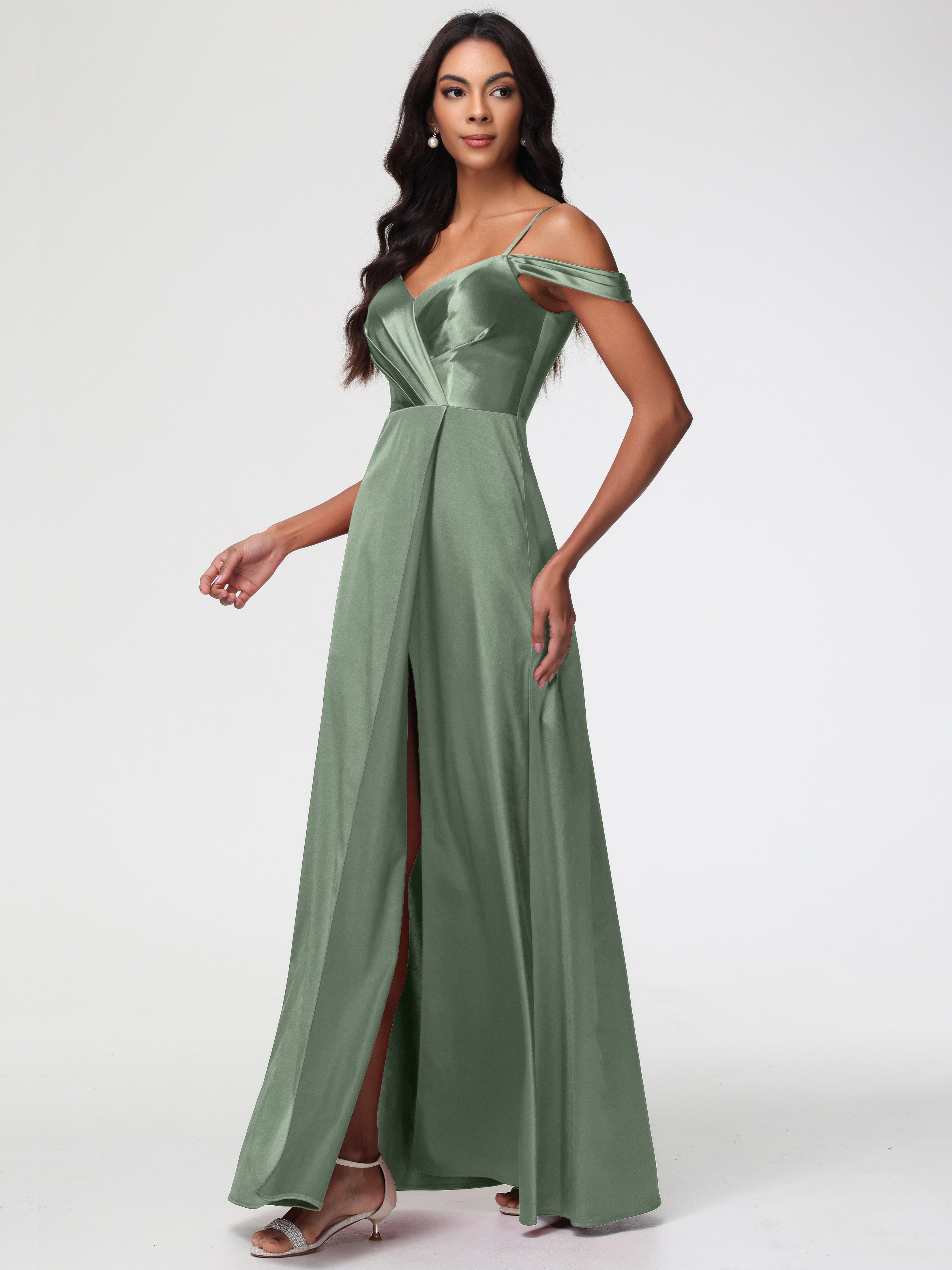 Robe De Demoiselle D'Honneur De Sauge Poussiéreuse Au Sol Satin Extensible Robe Trapèze Demoiselle D'Honneur Épaule Dénudée