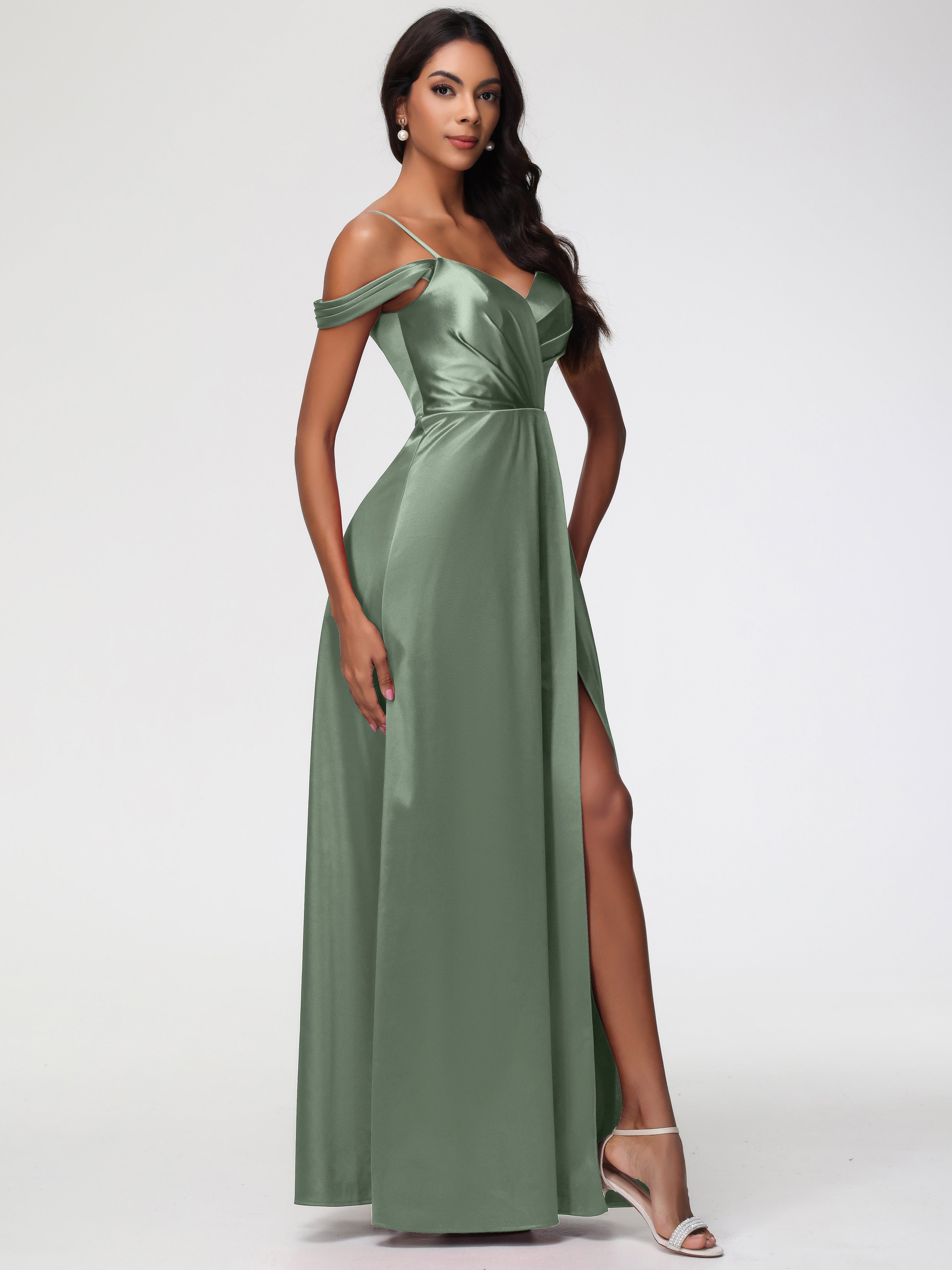Robe De Demoiselle D'Honneur De Sauge Poussiéreuse Au Sol Satin Extensible Robe Trapèze Demoiselle D'Honneur Épaule Dénudée
