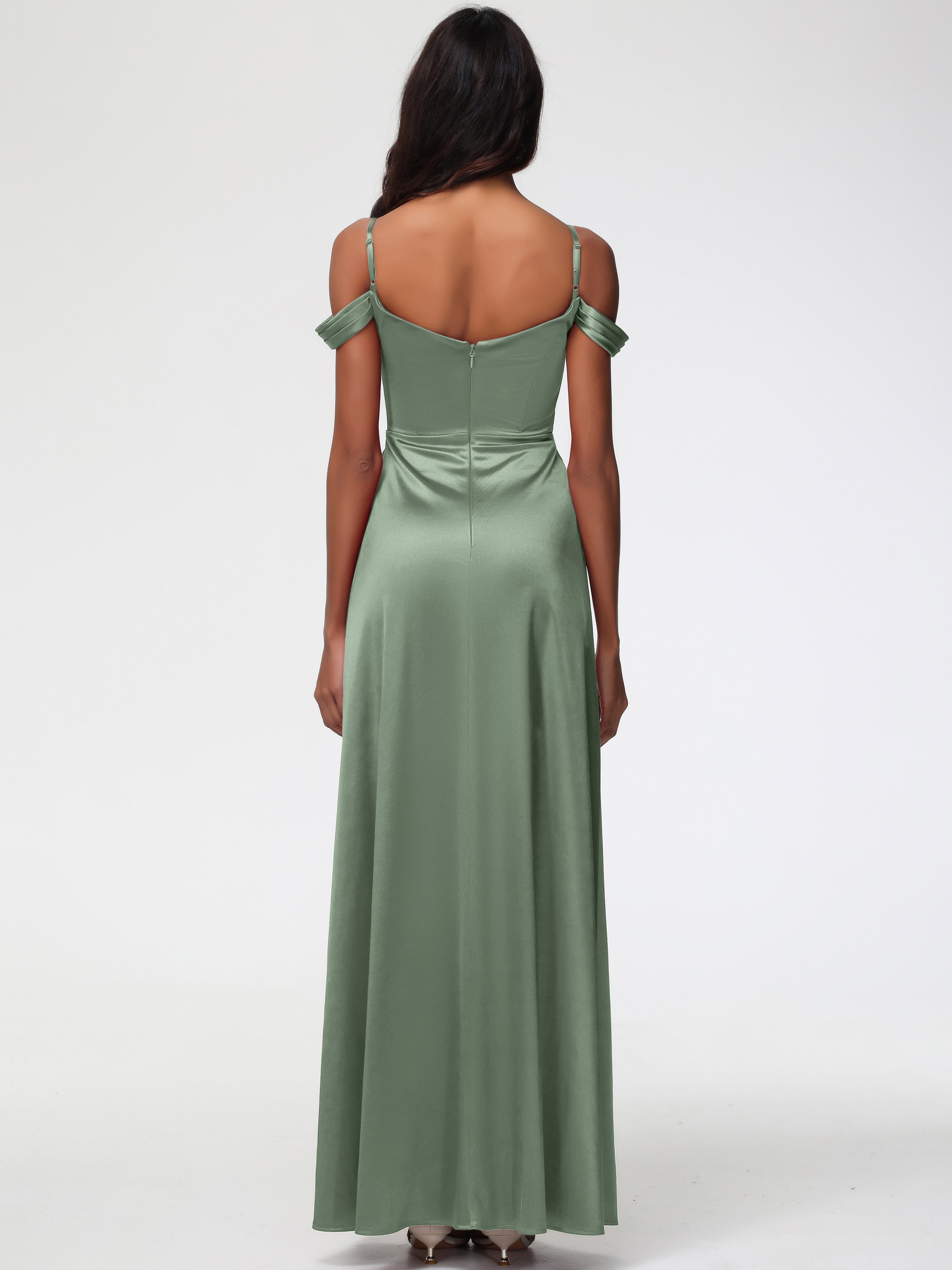 Robe De Demoiselle D'Honneur De Sauge Poussiéreuse Au Sol Satin Extensible Robe Trapèze Demoiselle D'Honneur Épaule Dénudée