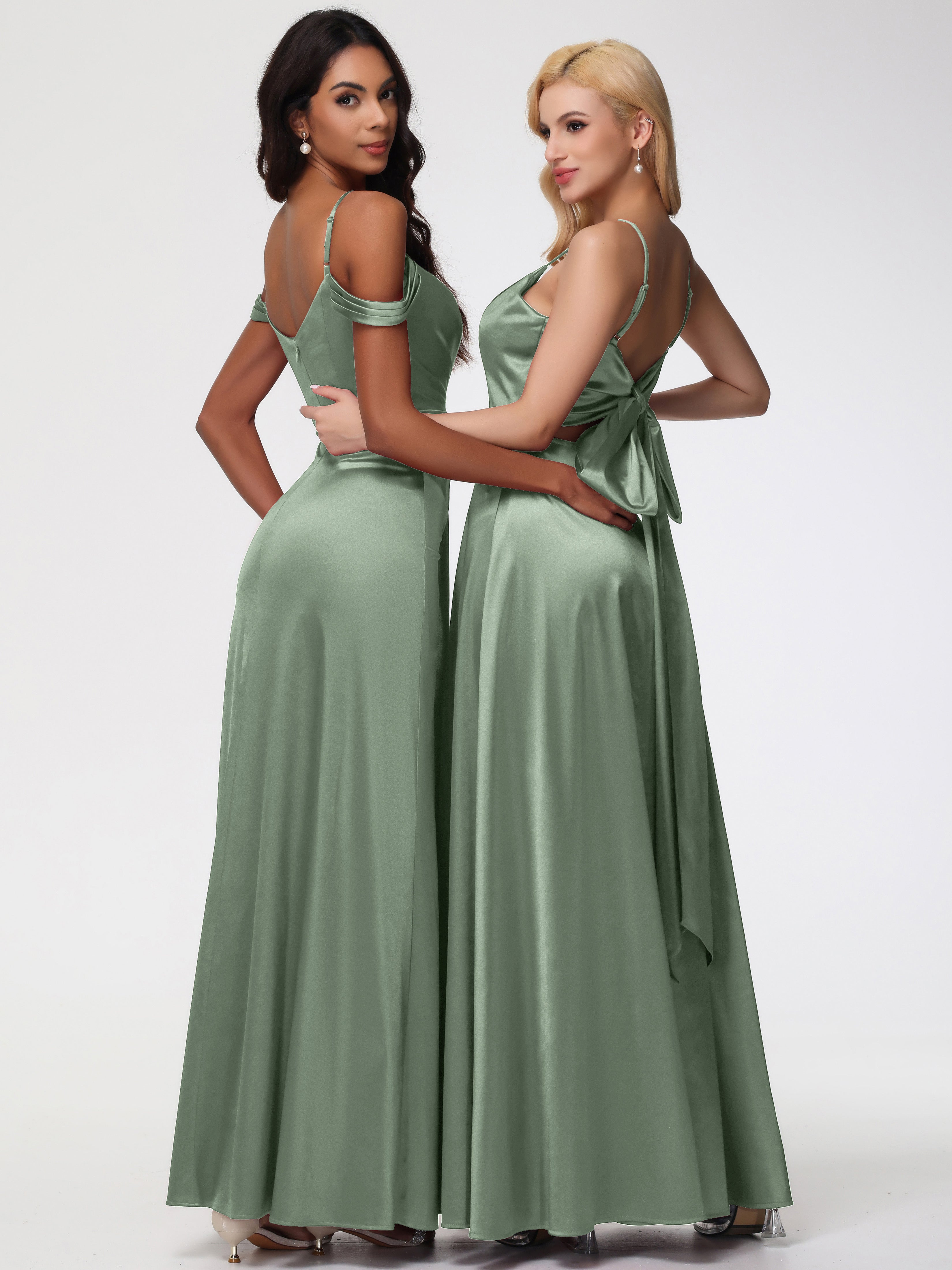 Robe De Demoiselle D'Honneur De Sauge Poussiéreuse Au Sol Satin Extensible Robe Trapèze Demoiselle D'Honneur Épaule Dénudée
