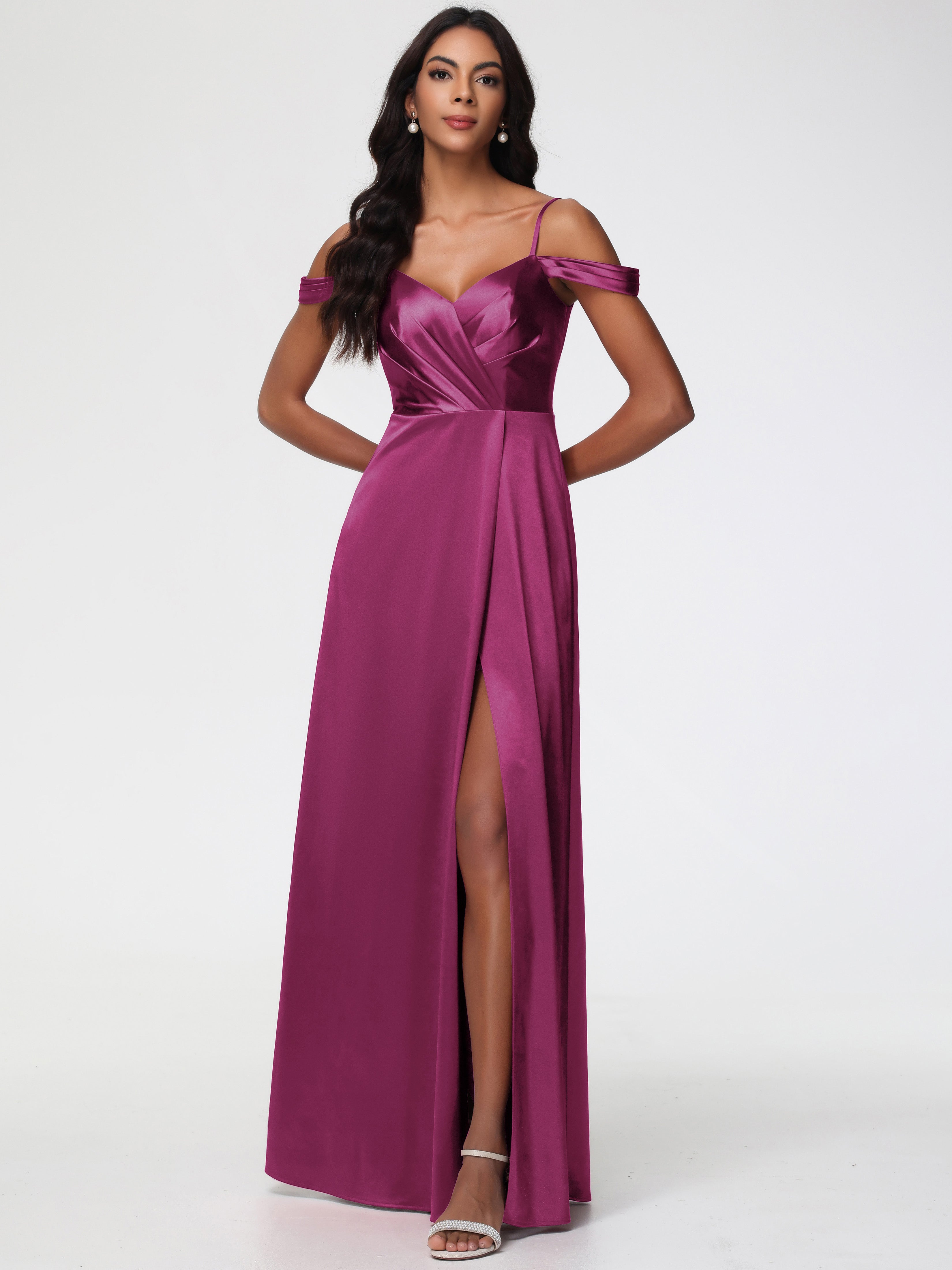 Robe Demoiselle D Honneur Rose Fuchsia Satin Extensible Robe Trapèze Demoiselle D'Honneur Épaule Dénudée