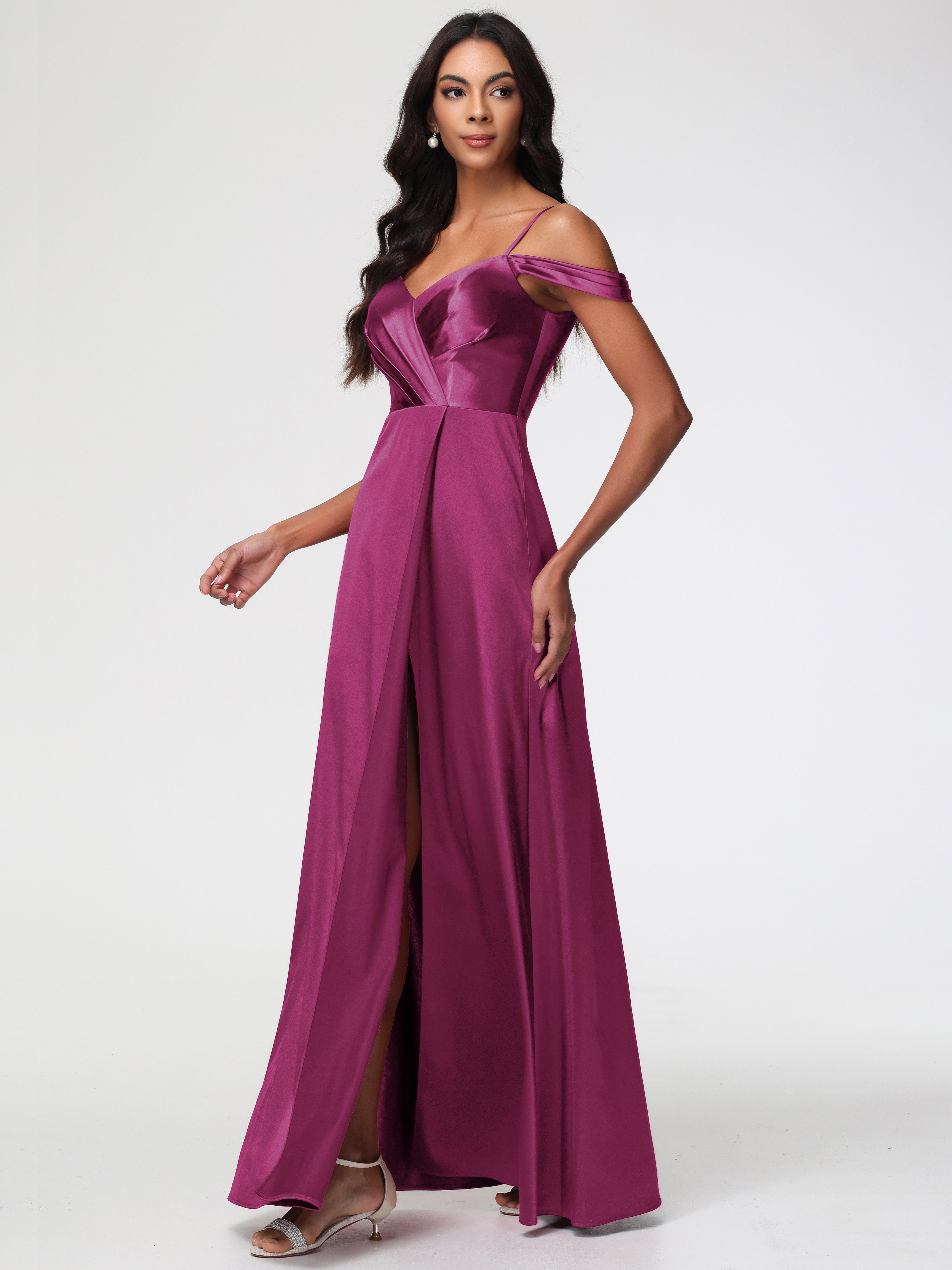 Robe Demoiselle D Honneur Rose Fuchsia Satin Extensible Robe Trapèze Demoiselle D'Honneur Épaule Dénudée