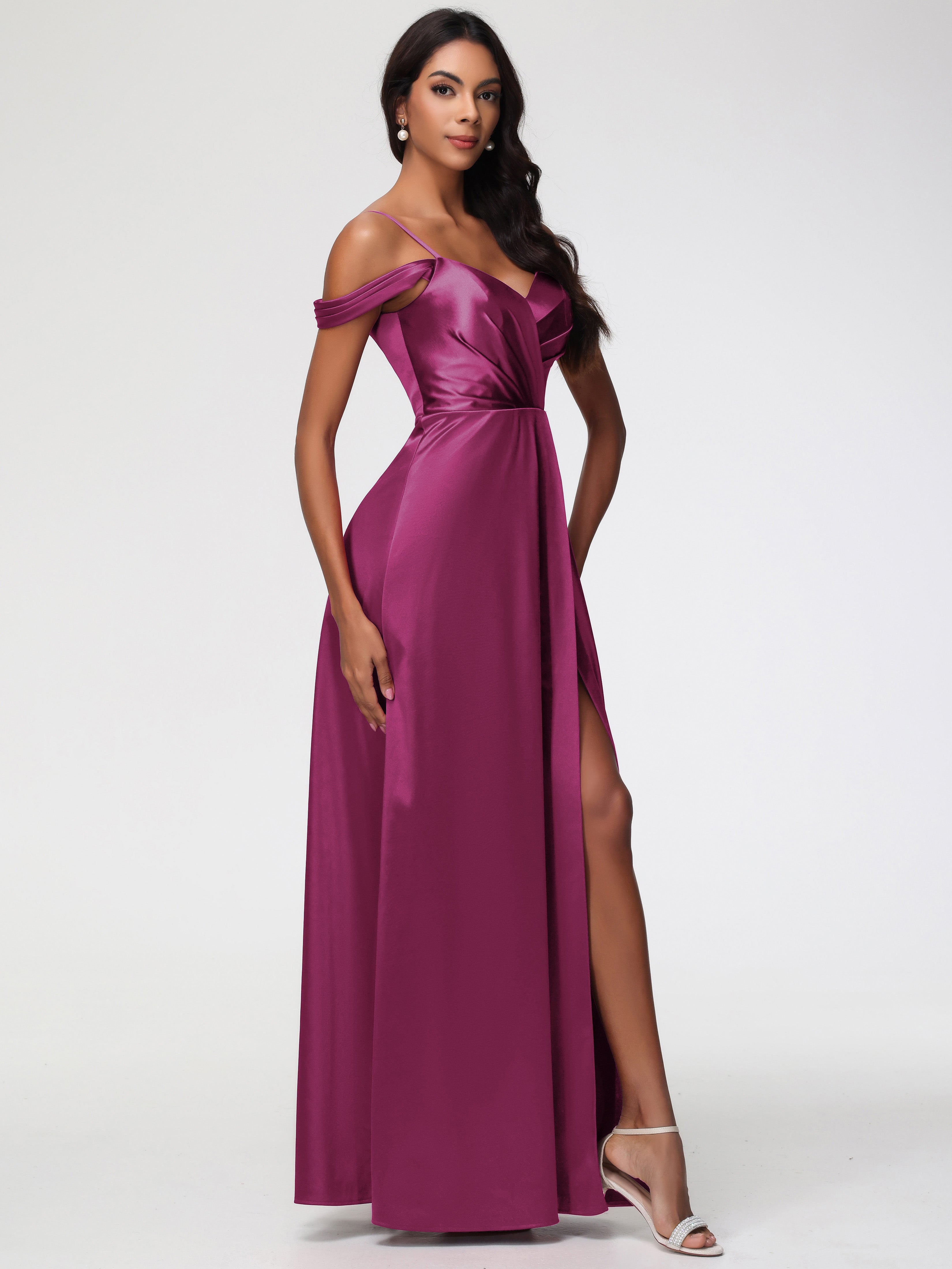 Robe Demoiselle D Honneur Rose Fuchsia Satin Extensible Robe Trapèze Demoiselle D'Honneur Épaule Dénudée