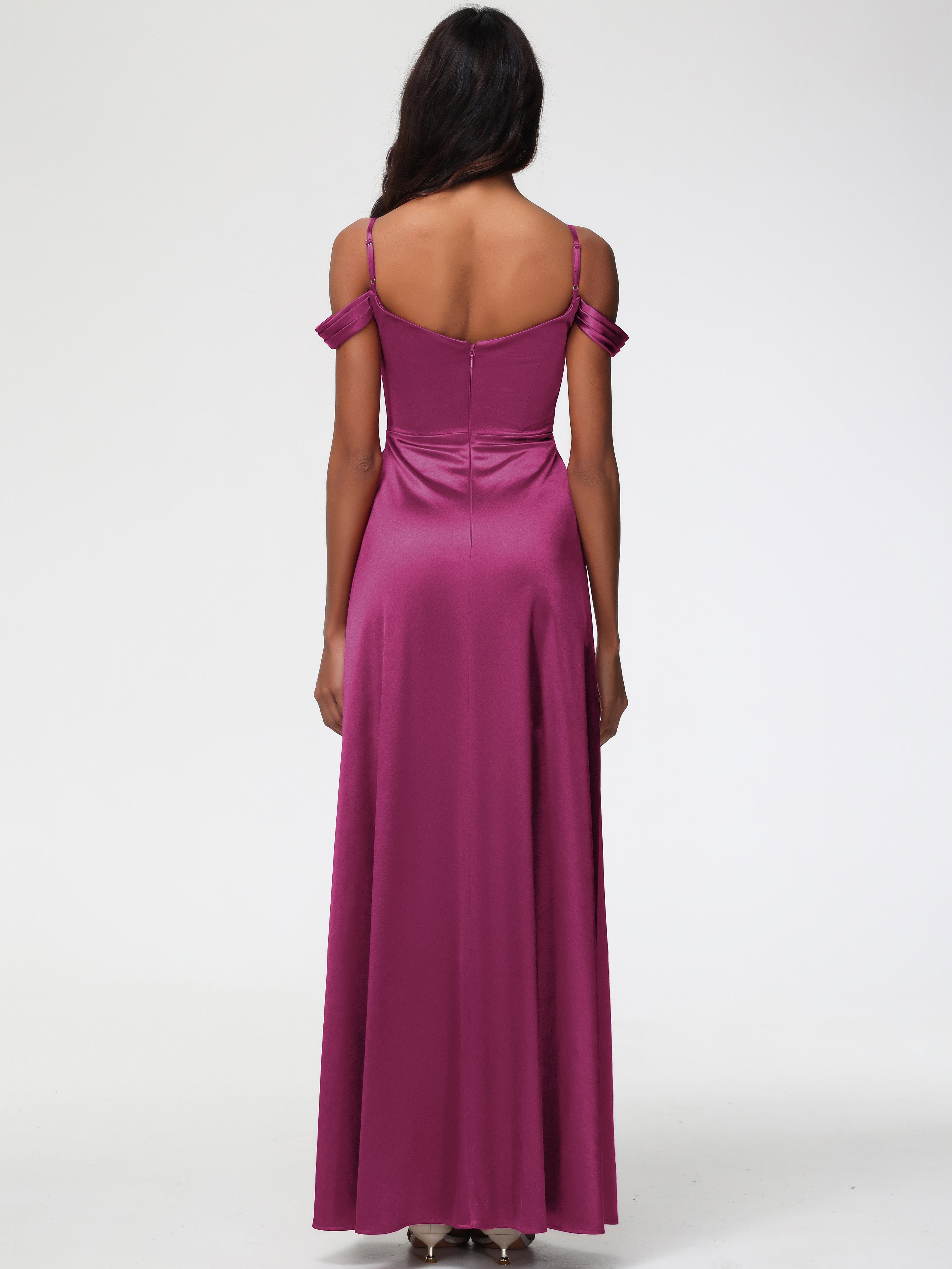 Robe Demoiselle D Honneur Rose Fuchsia Satin Extensible Robe Trapèze Demoiselle D'Honneur Épaule Dénudée