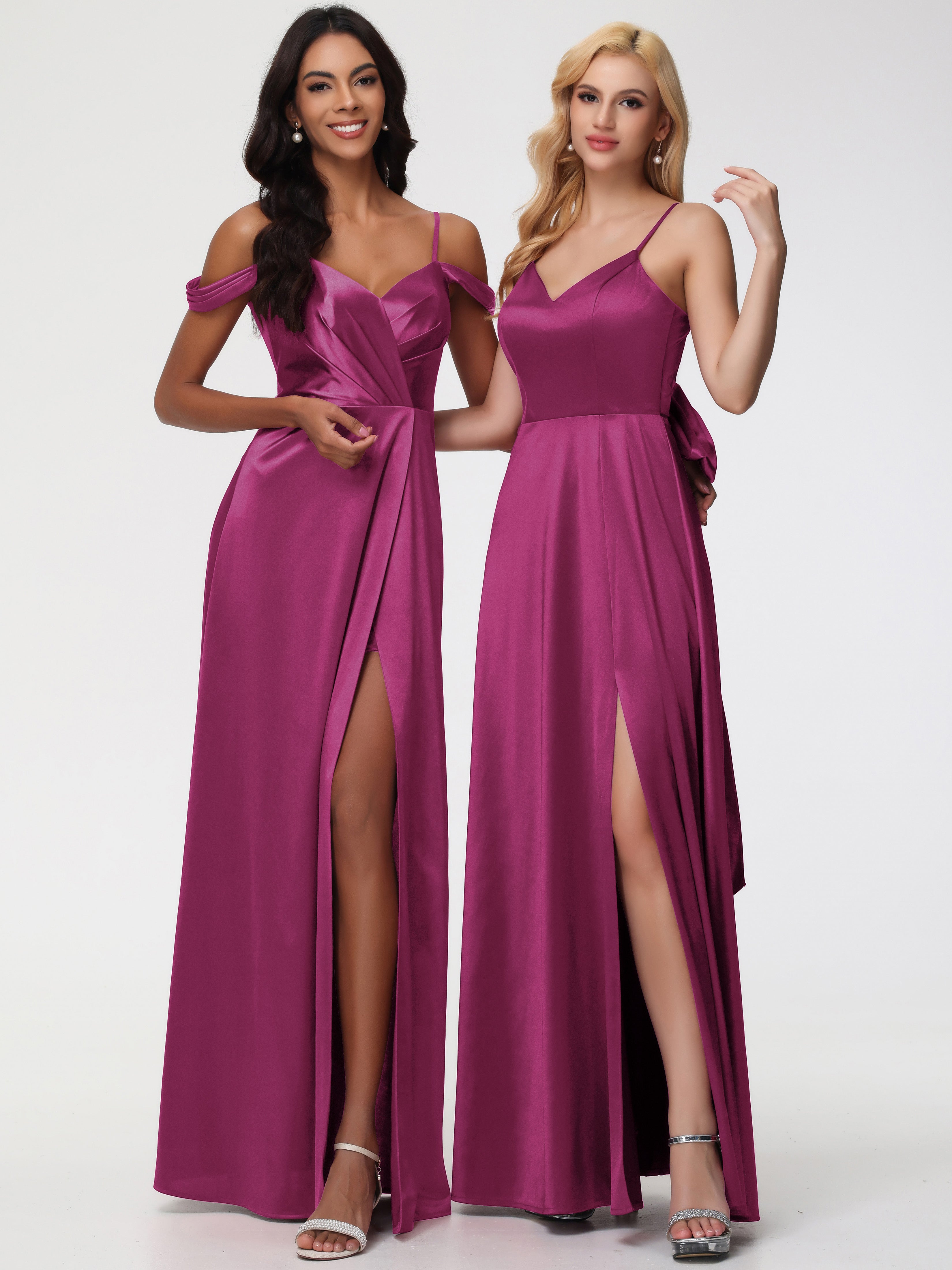 Robe Demoiselle D Honneur Rose Fuchsia Satin Extensible Robe Trapèze Demoiselle D'Honneur Épaule Dénudée
