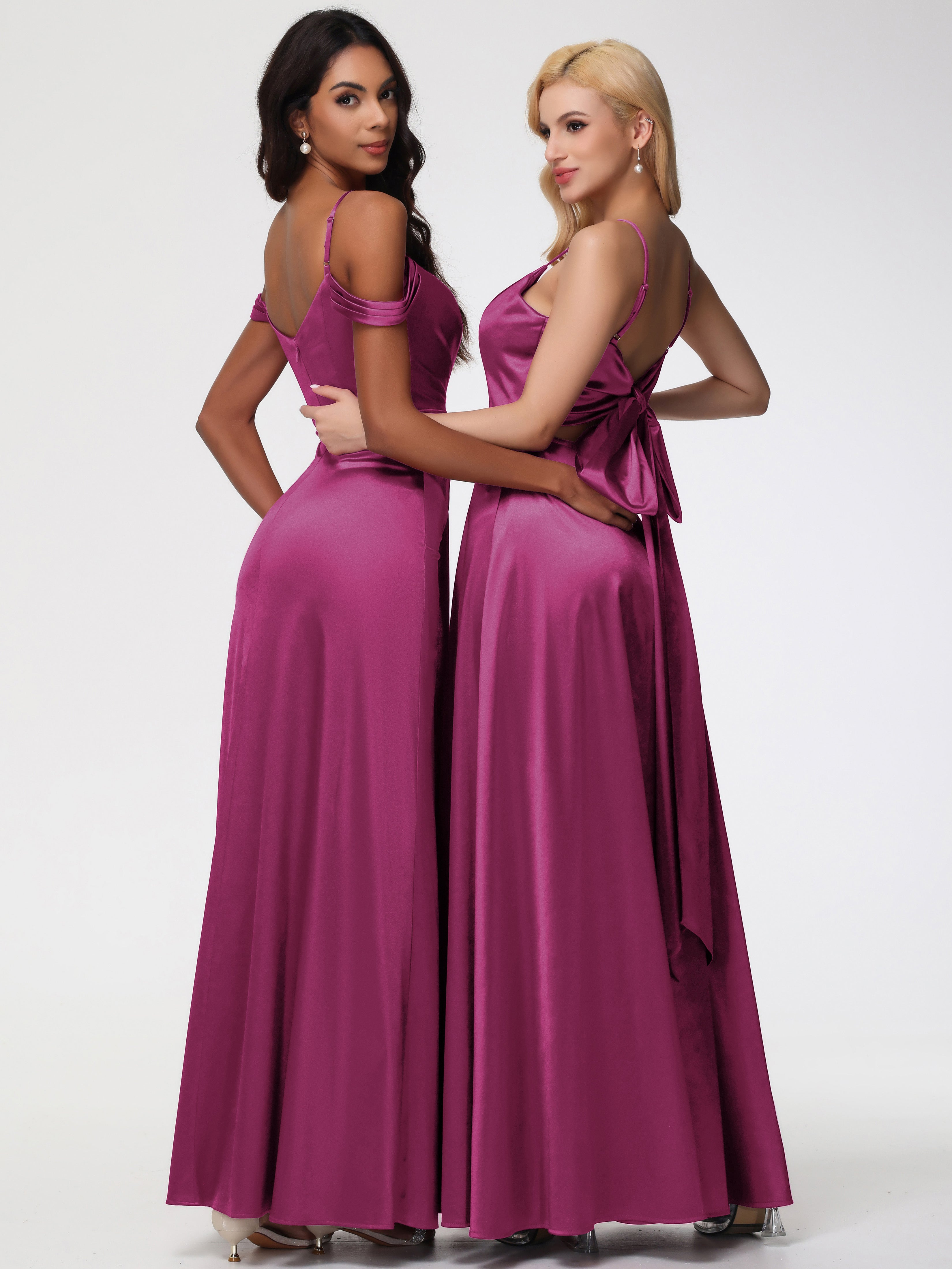 Robe Demoiselle D Honneur Rose Fuchsia Satin Extensible Robe Trapèze Demoiselle D'Honneur Épaule Dénudée
