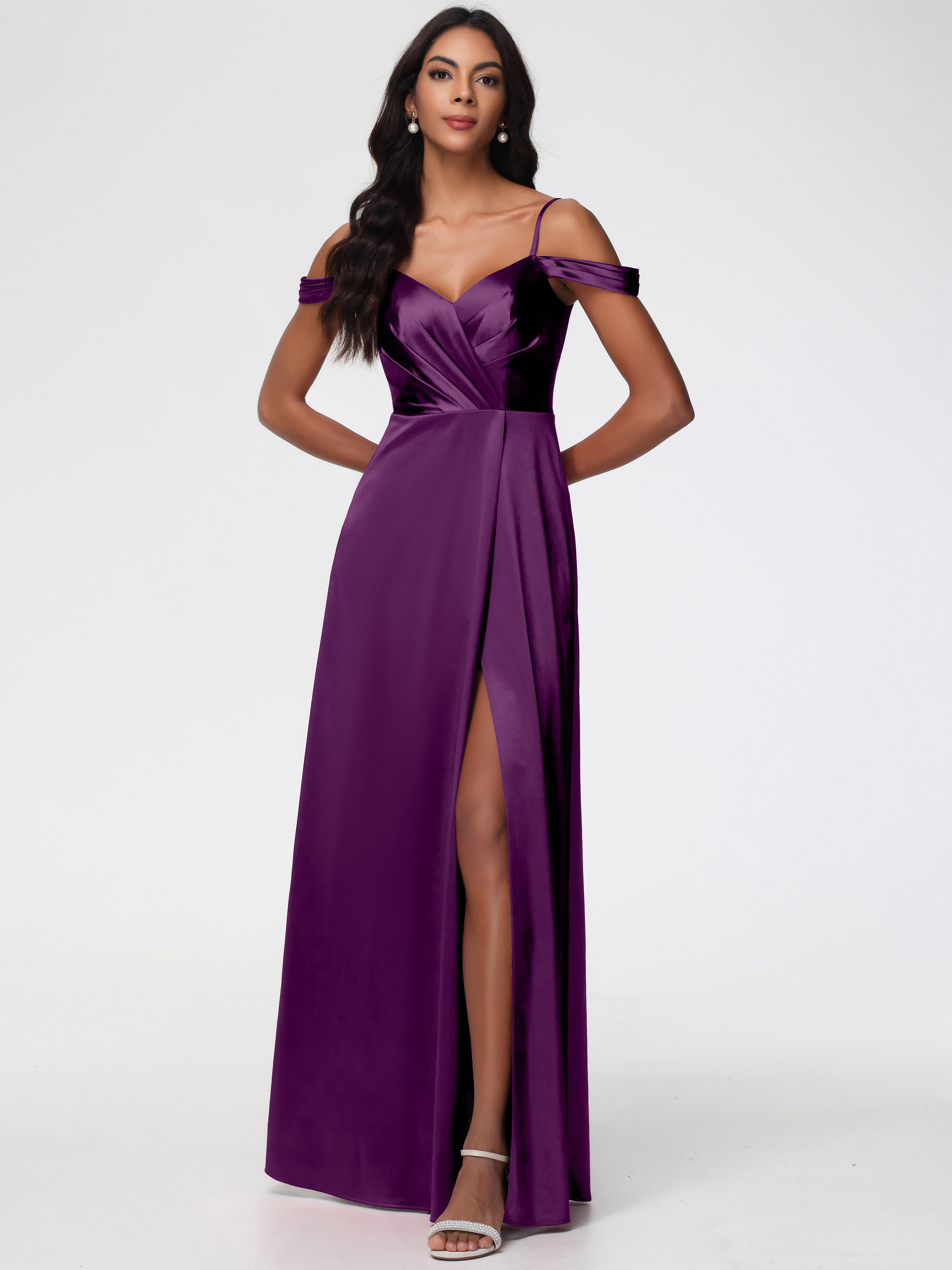 Robes De Demoiselle D'Honneur En Raisin Satin Extensible Robe Trapèze Demoiselle D'Honneur Épaule Dénudée