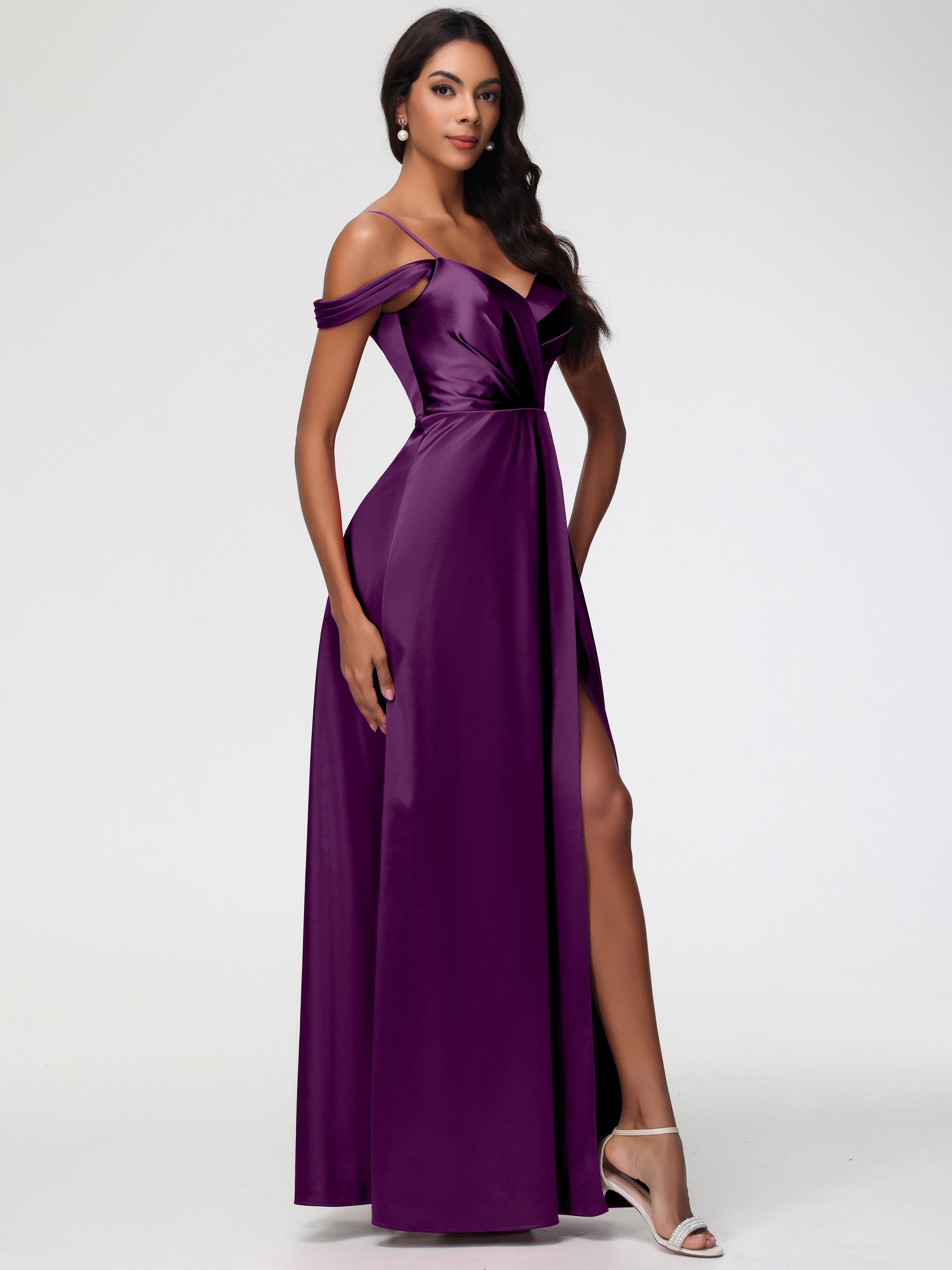 Robes De Demoiselle D'Honneur En Raisin Satin Extensible Robe Trapèze Demoiselle D'Honneur Épaule Dénudée