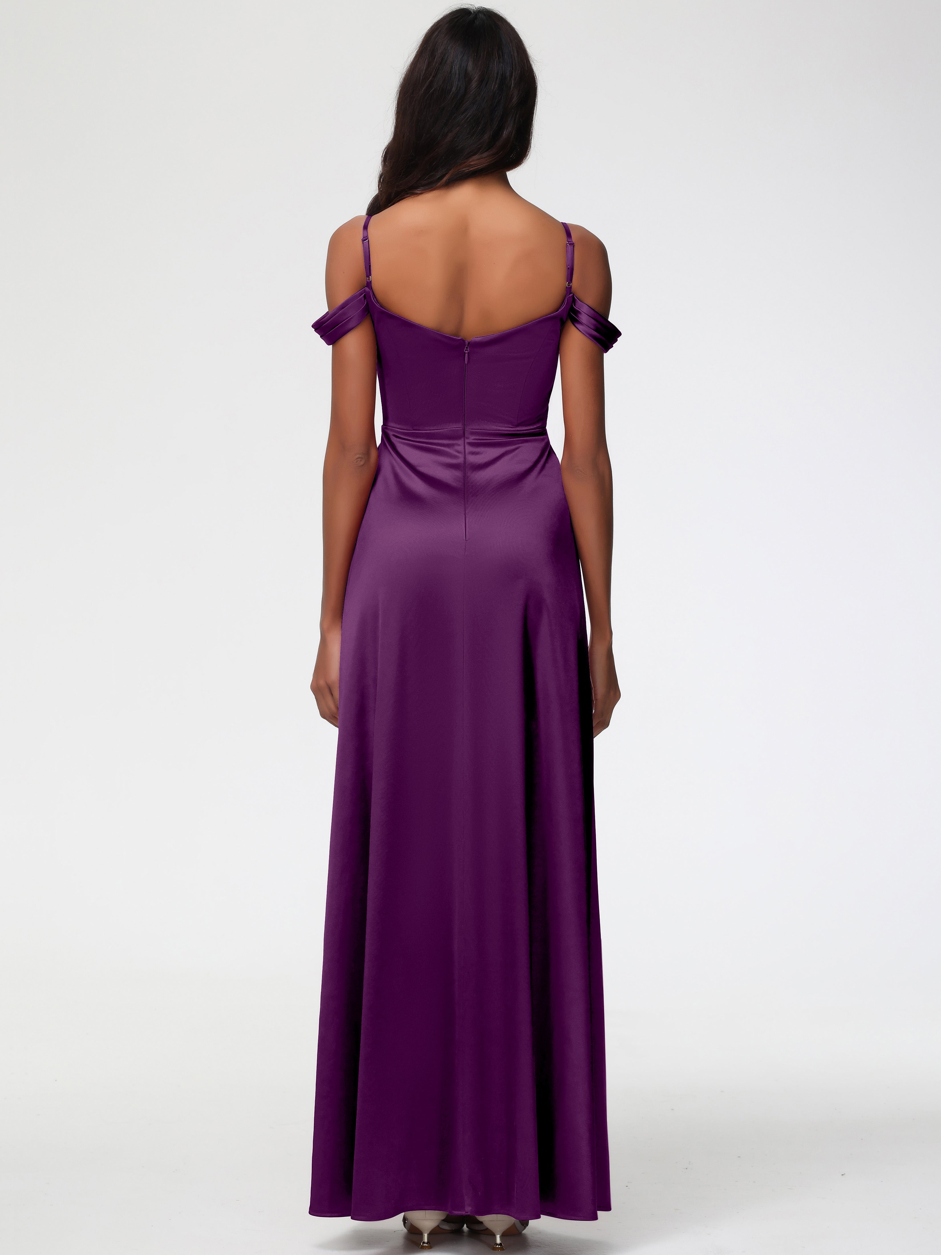 Robes De Demoiselle D'Honneur En Raisin Satin Extensible Robe Trapèze Demoiselle D'Honneur Épaule Dénudée