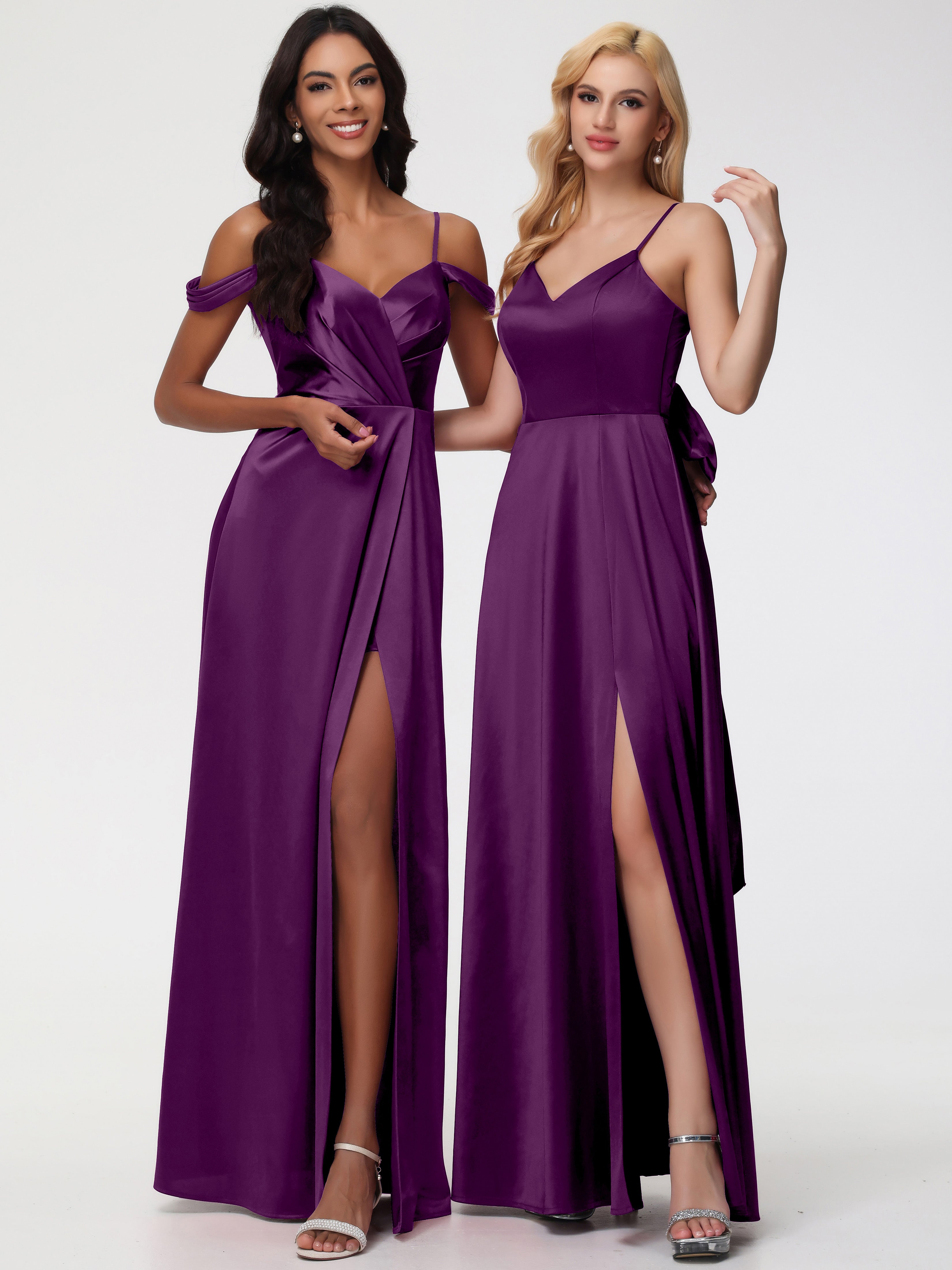 Robes De Demoiselle D'Honneur En Raisin Satin Extensible Robe Trapèze Demoiselle D'Honneur Épaule Dénudée