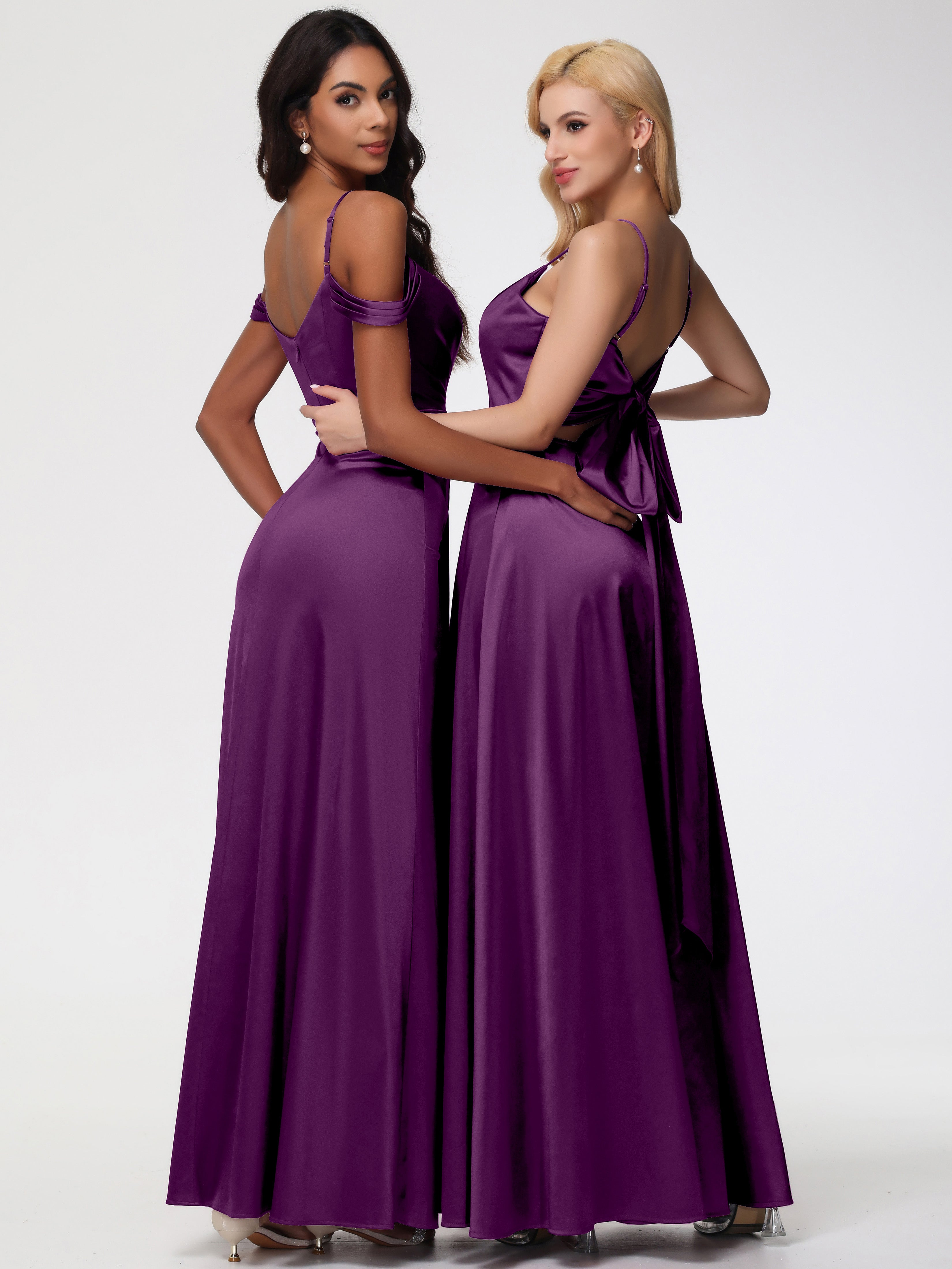 Robes De Demoiselle D'Honneur En Raisin Satin Extensible Robe Trapèze Demoiselle D'Honneur Épaule Dénudée