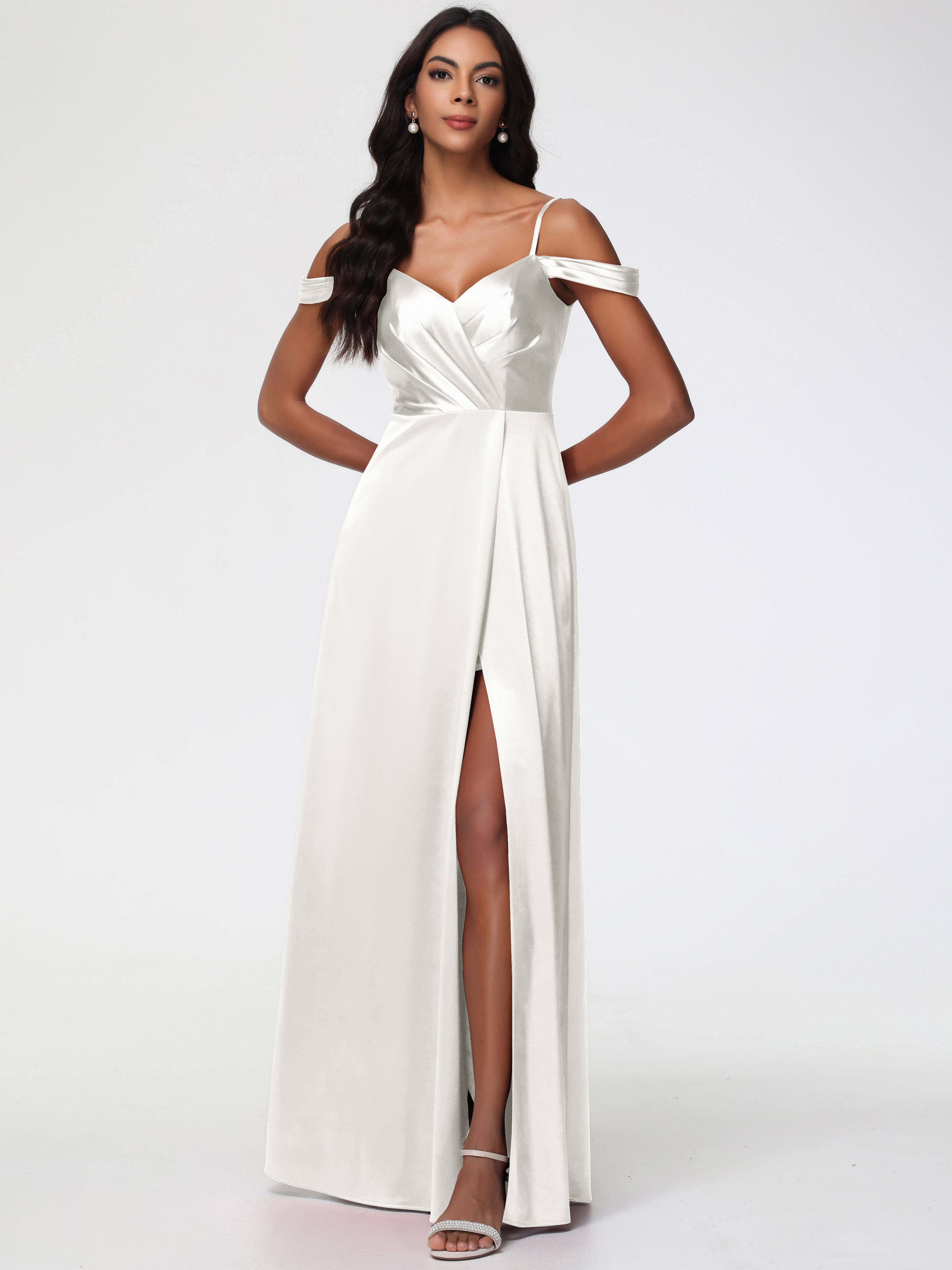 Robes De Demoiselle D'Honneur Ivoire Satin Extensible Robe Trapèze Demoiselle D'Honneur Épaule Dénudée