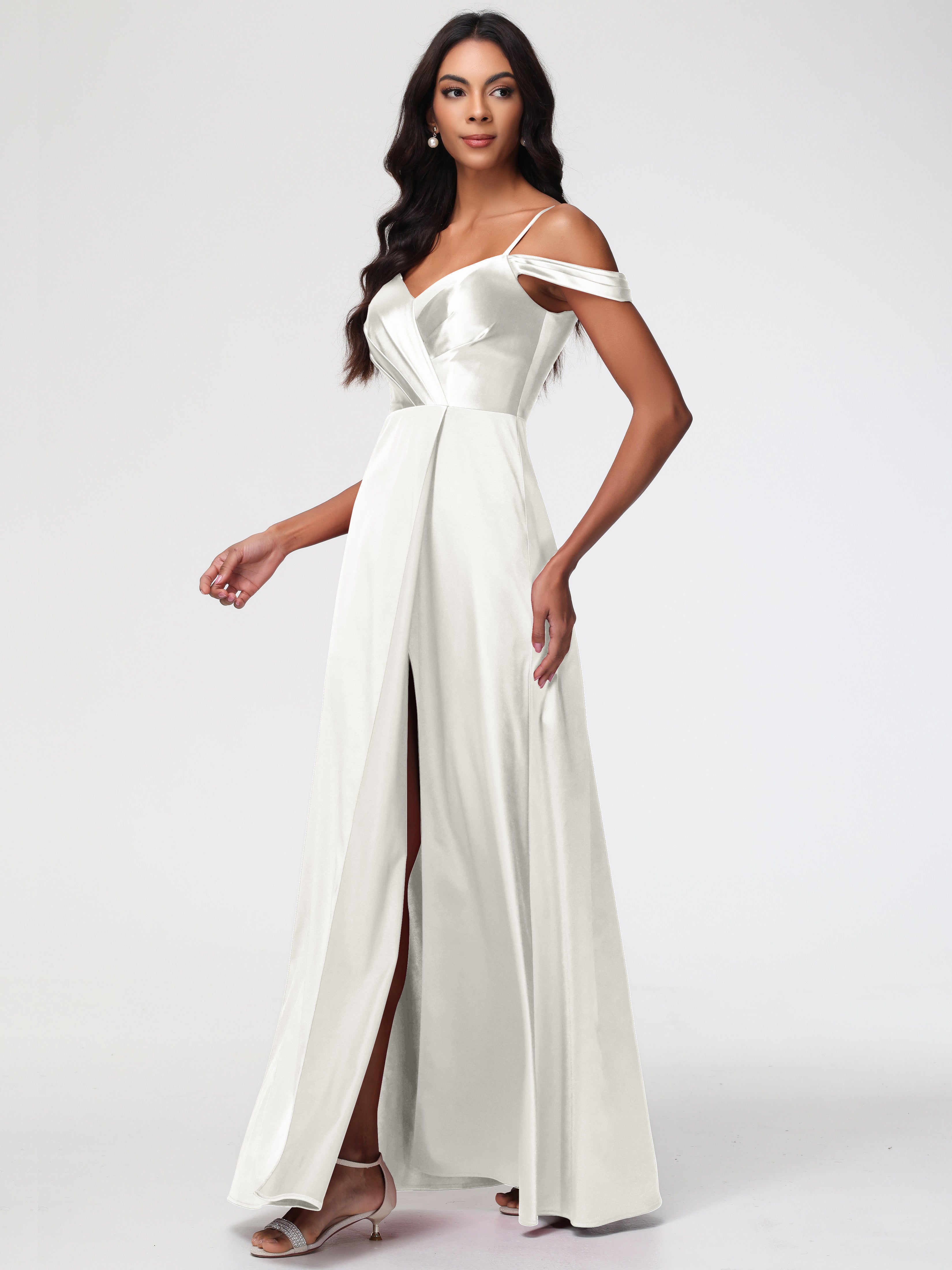 Robes De Demoiselle D'Honneur Ivoire Satin Extensible Robe Trapèze Demoiselle D'Honneur Épaule Dénudée