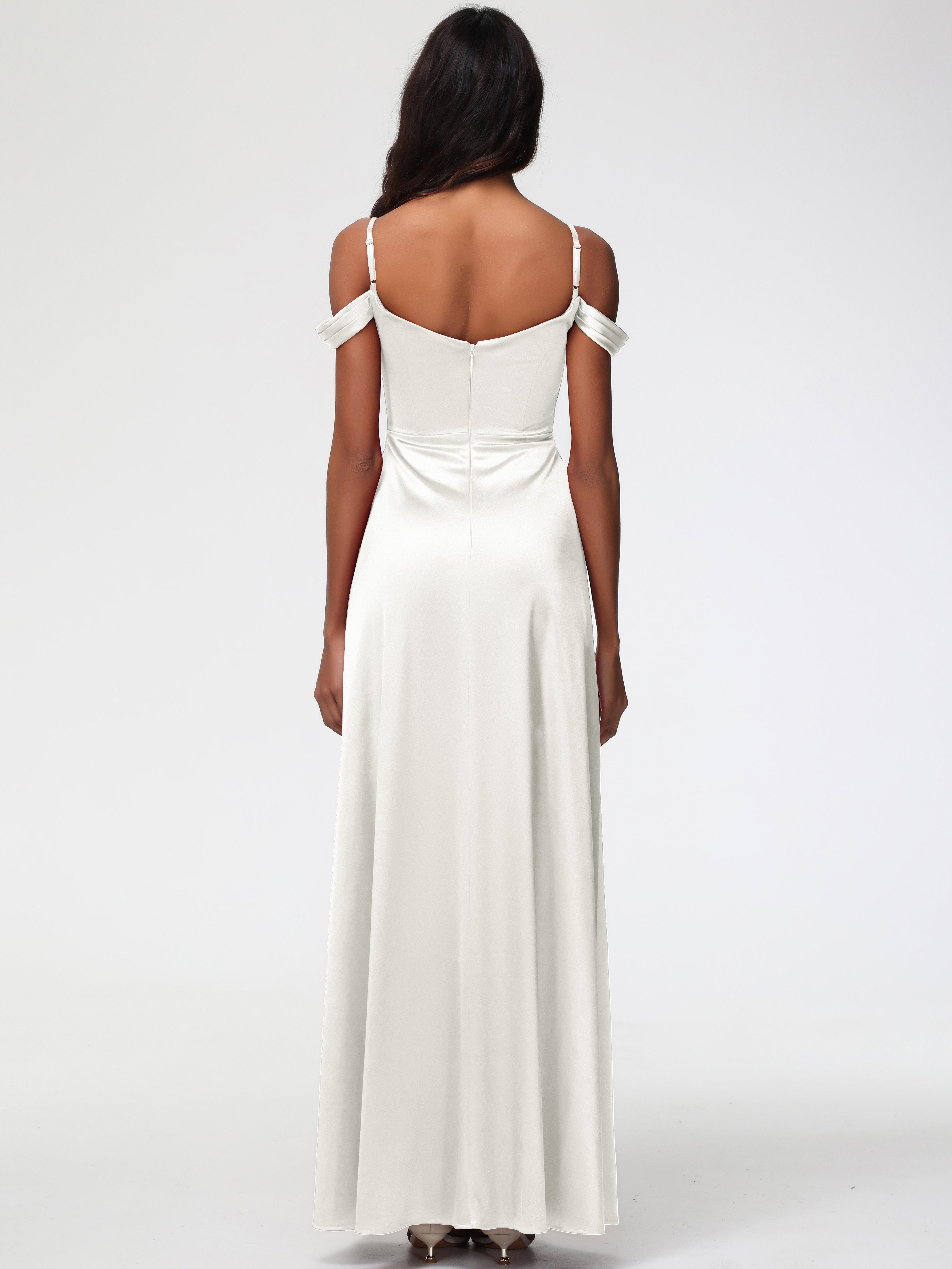 Robes De Demoiselle D'Honneur Ivoire Satin Extensible Robe Trapèze Demoiselle D'Honneur Épaule Dénudée