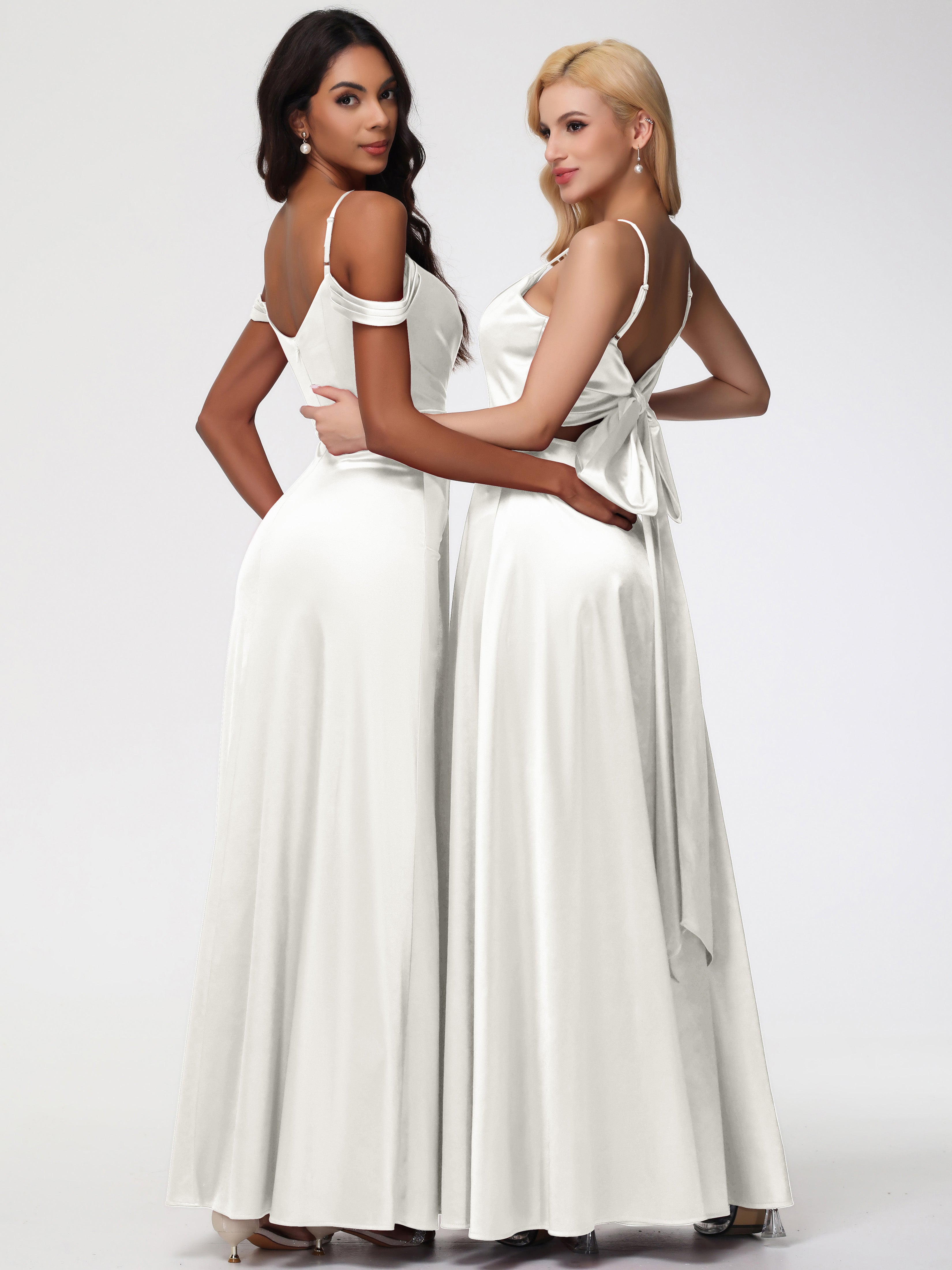 Robes De Demoiselle D'Honneur Ivoire Satin Extensible Robe Trapèze Demoiselle D'Honneur Épaule Dénudée