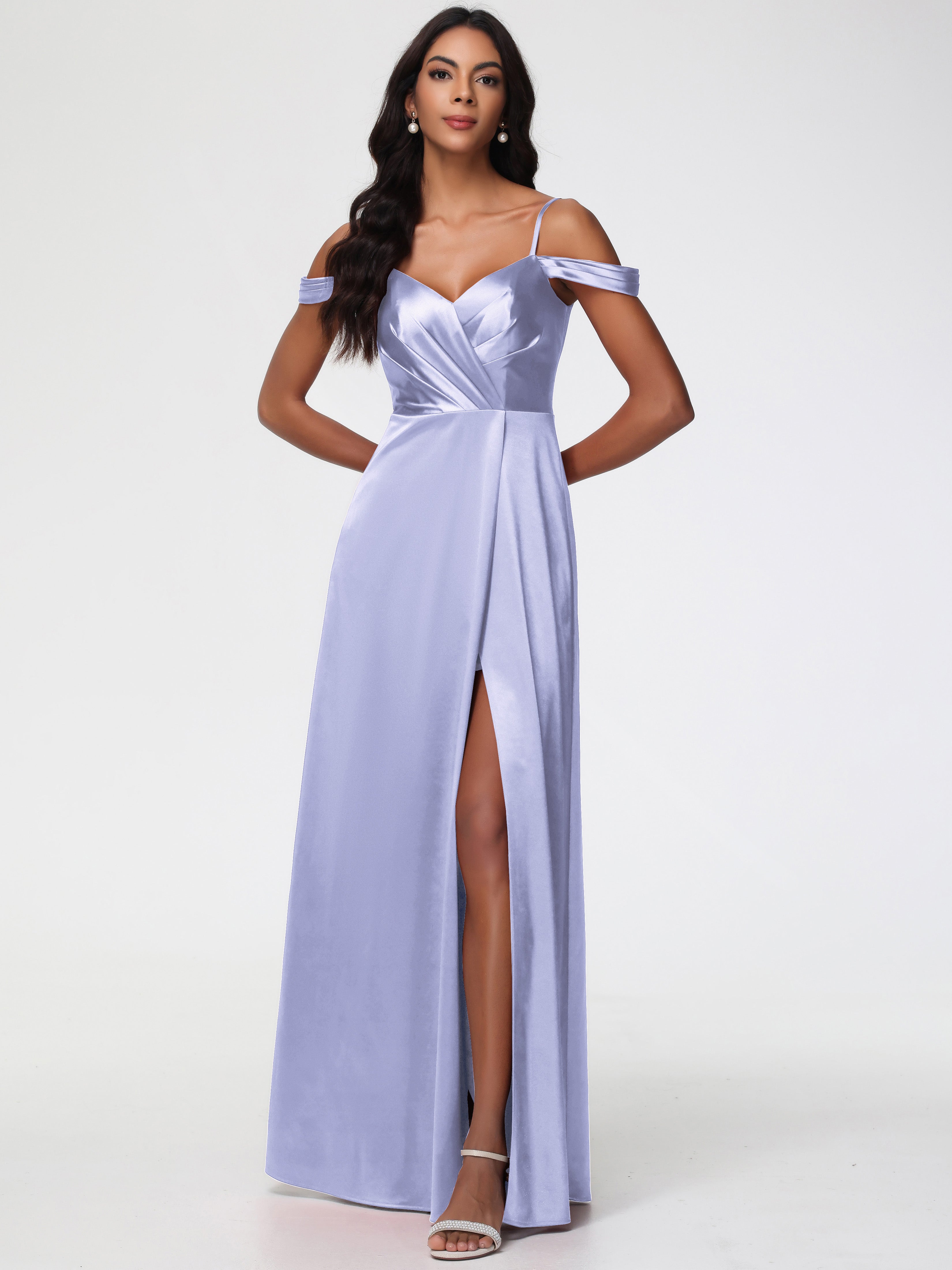Robe Lavande Demoiselle D Honneur Satin Extensible Robe Trapèze Demoiselle D'Honneur Épaule Dénudée