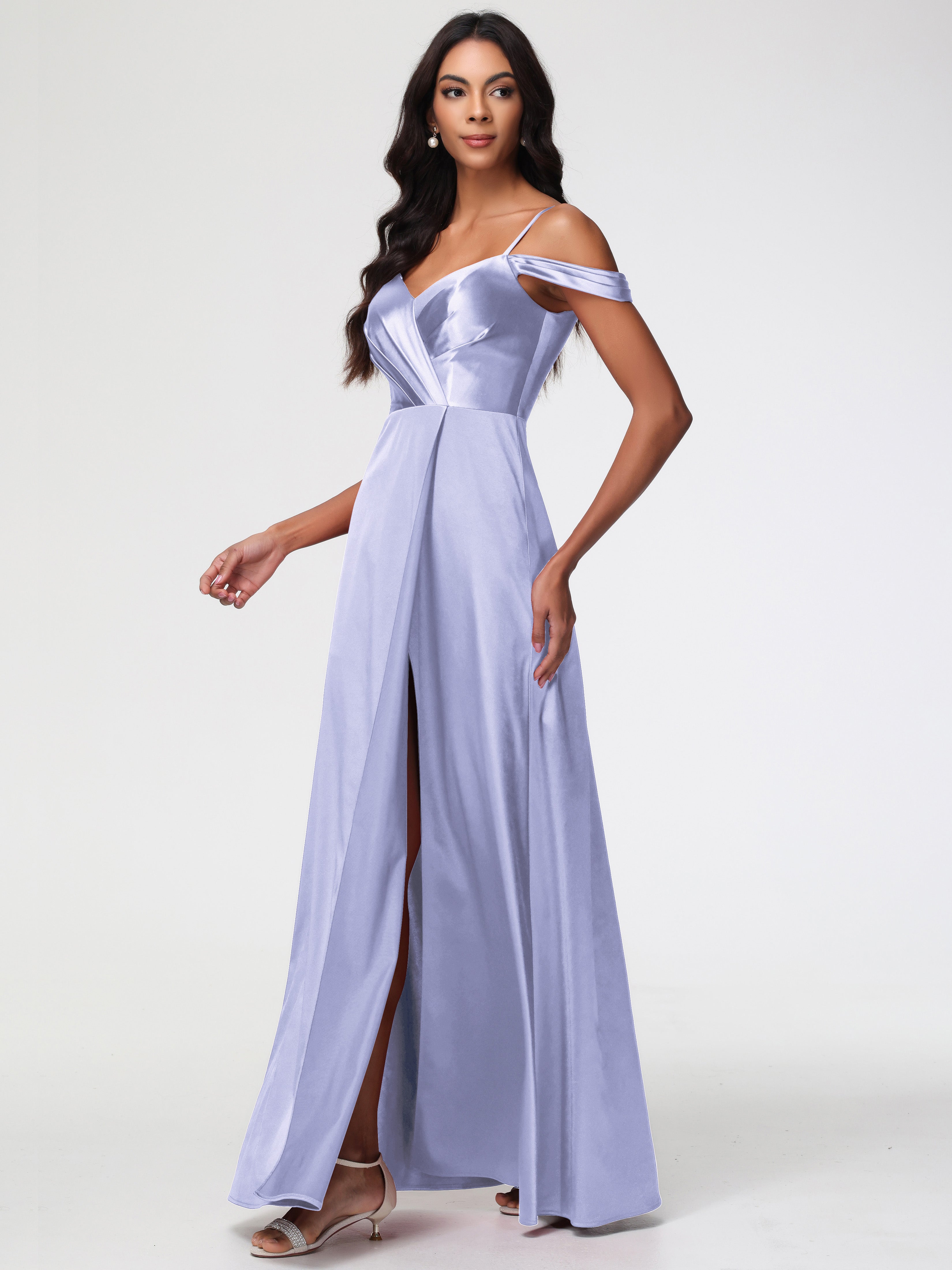 Robe Lavande Demoiselle D Honneur Satin Extensible Robe Trapèze Demoiselle D'Honneur Épaule Dénudée