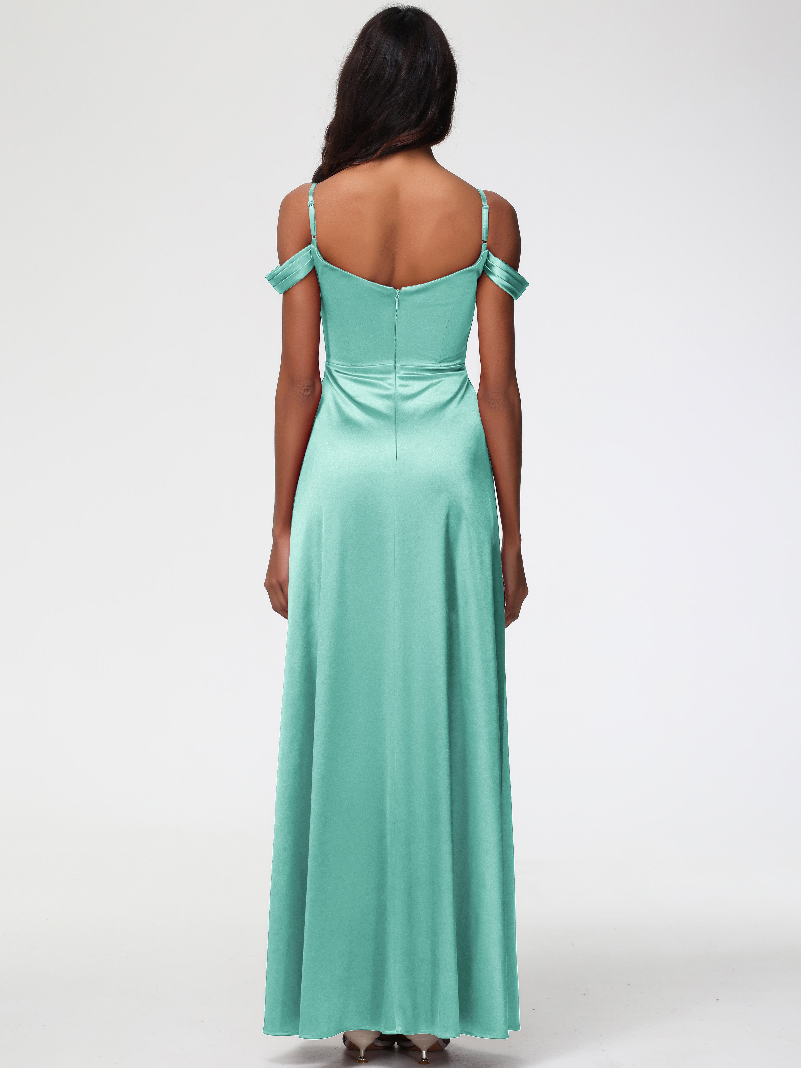 Robes De Demoiselle D'Honneur Vert Menthe Satin Extensible Robe Trapèze Demoiselle D'Honneur Épaule Dénudée