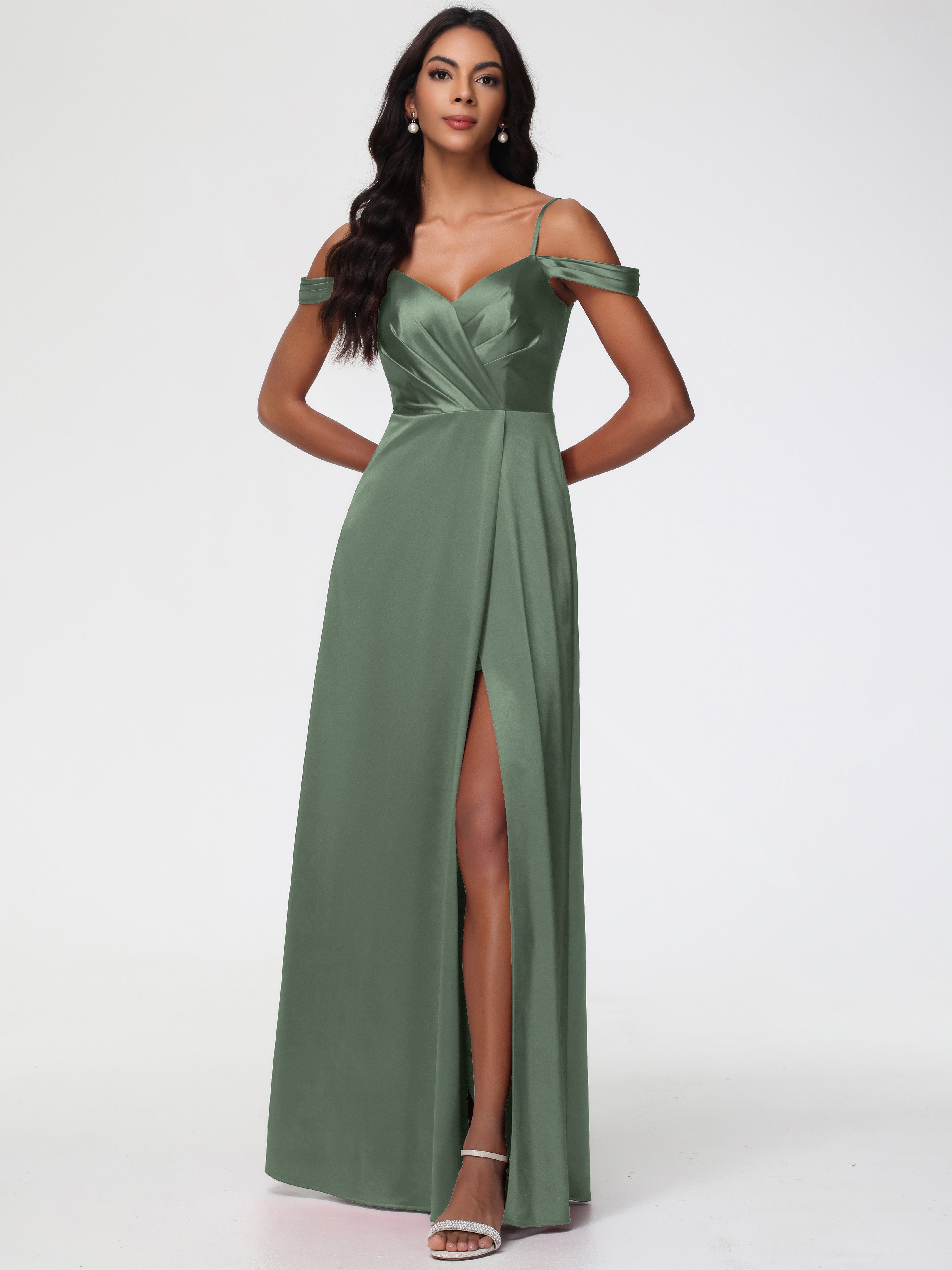 Demoiselle D Honneur Vert Olive Satin Extensible Robe Trapèze Demoiselle D'Honneur Épaule Dénudée