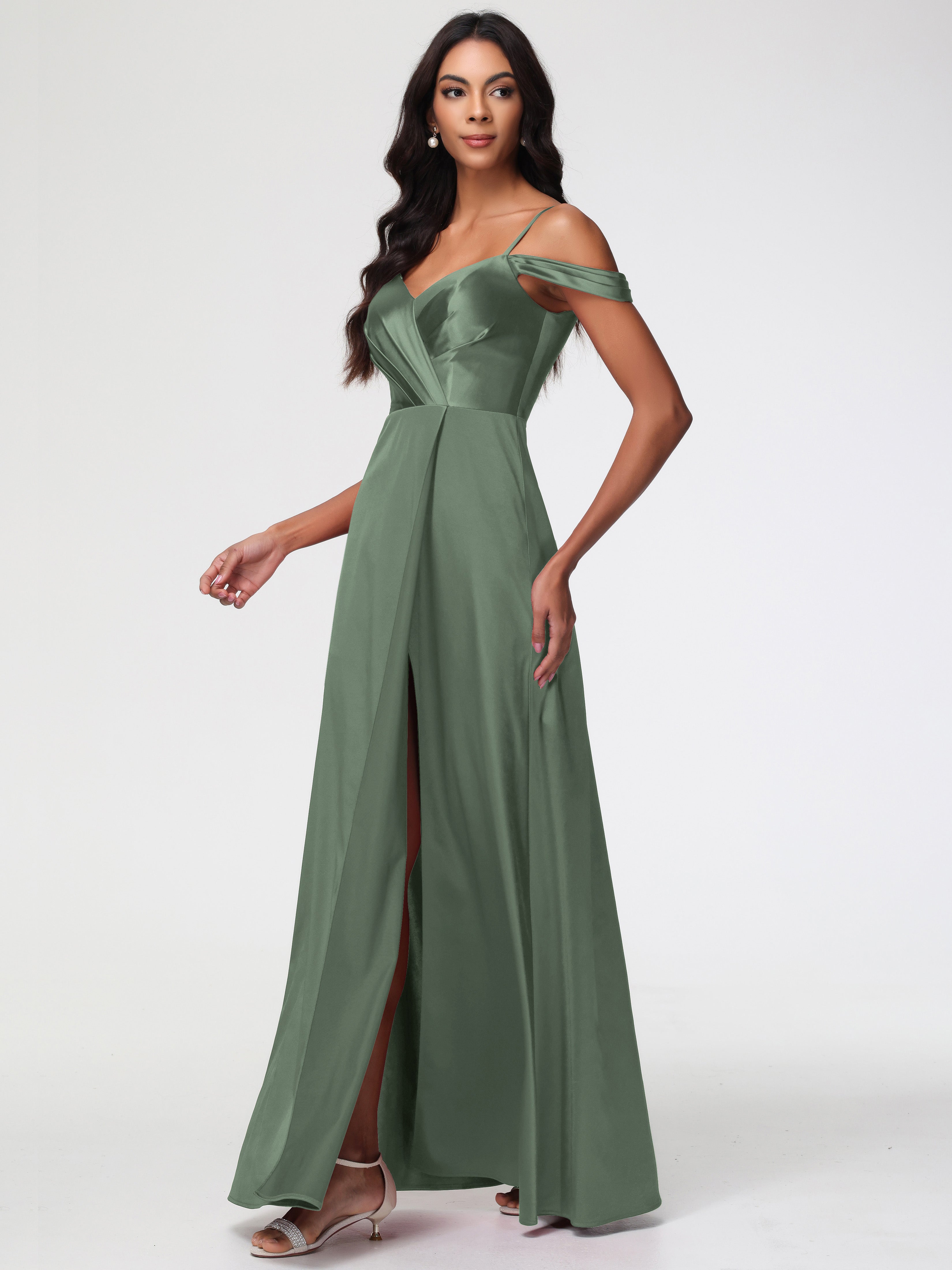 Demoiselle D Honneur Vert Olive Satin Extensible Robe Trapèze Demoiselle D'Honneur Épaule Dénudée