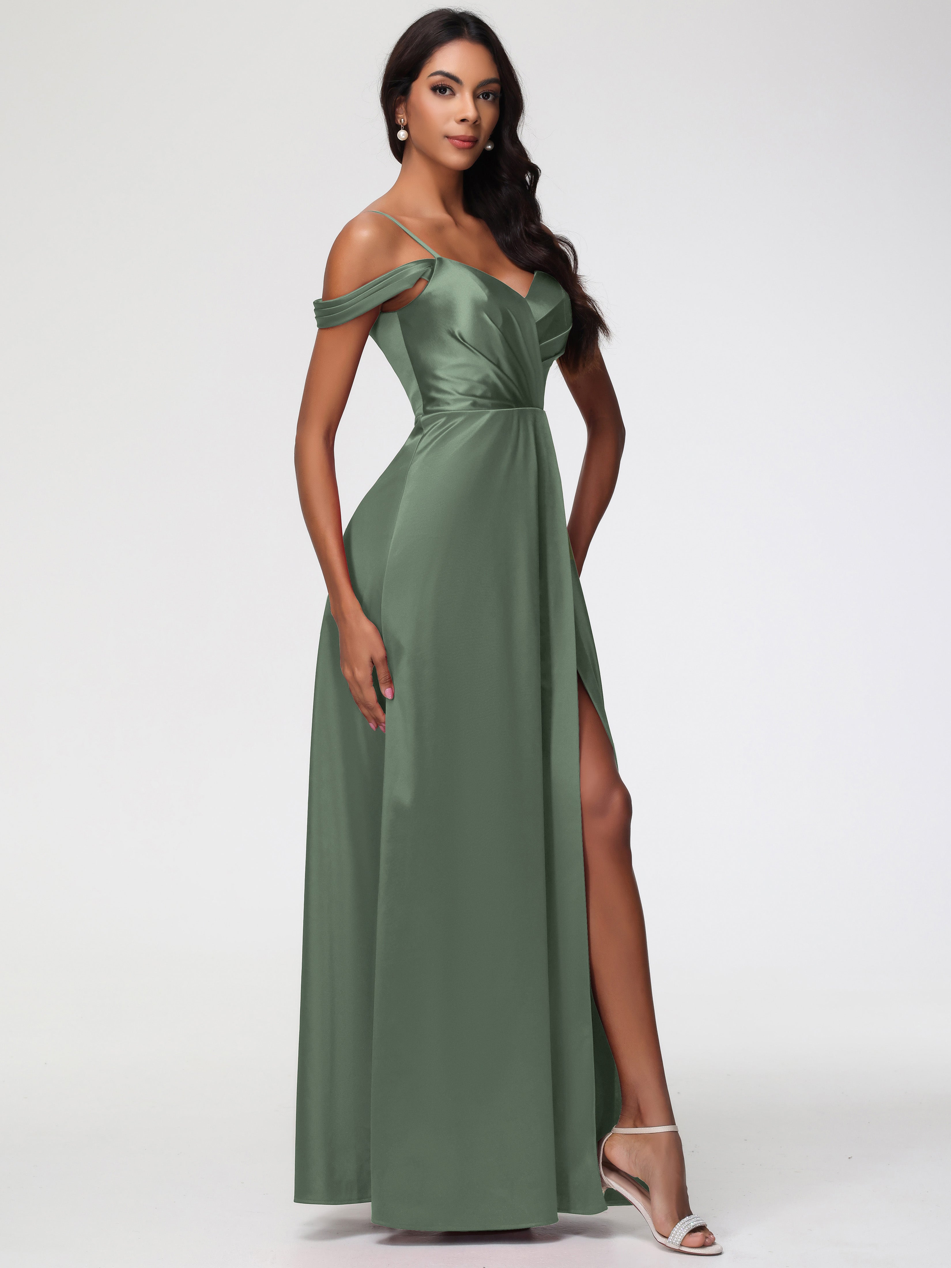 Demoiselle D Honneur Vert Olive Satin Extensible Robe Trapèze Demoiselle D'Honneur Épaule Dénudée
