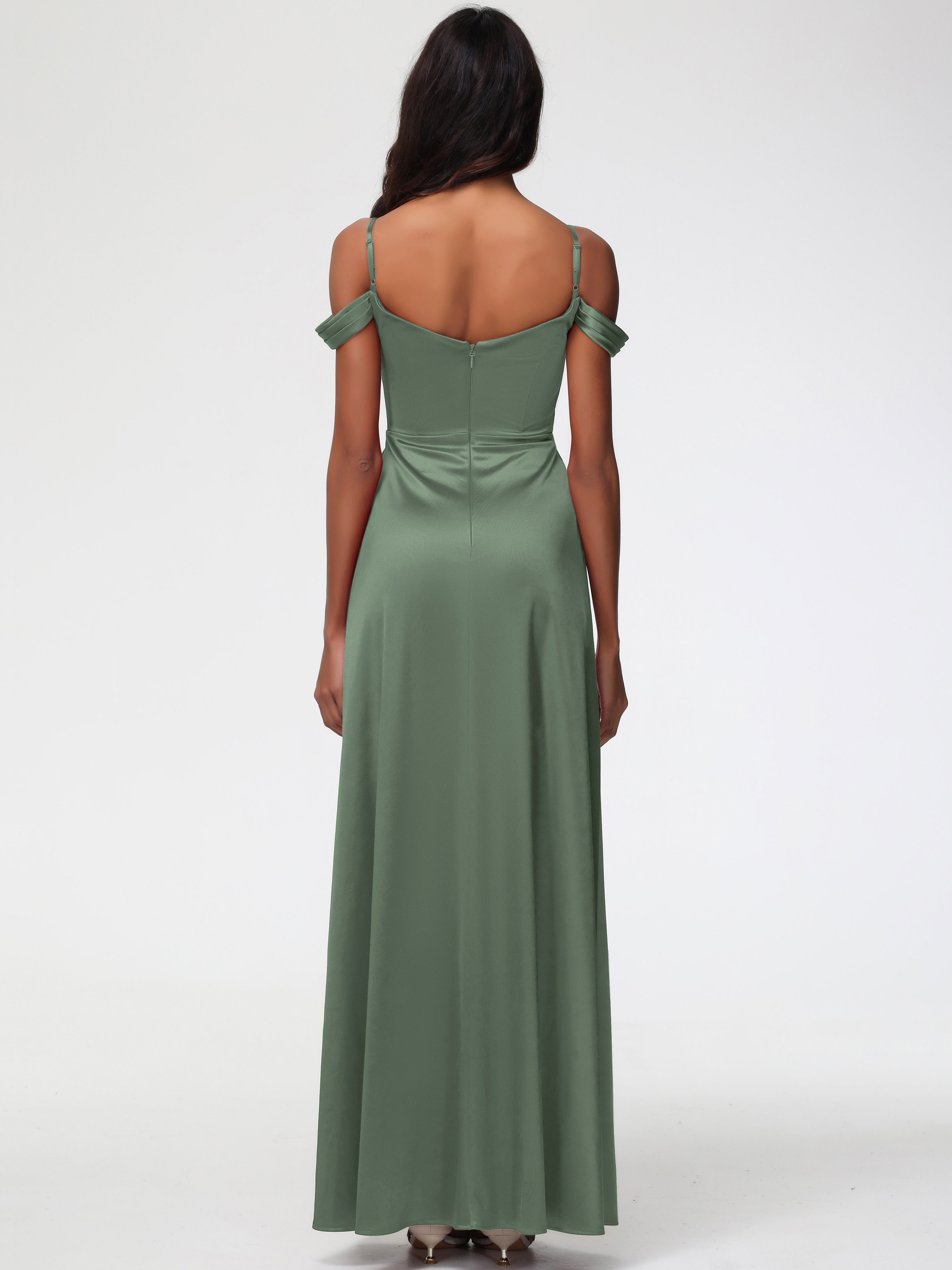 Demoiselle D Honneur Vert Olive Satin Extensible Robe Trapèze Demoiselle D'Honneur Épaule Dénudée