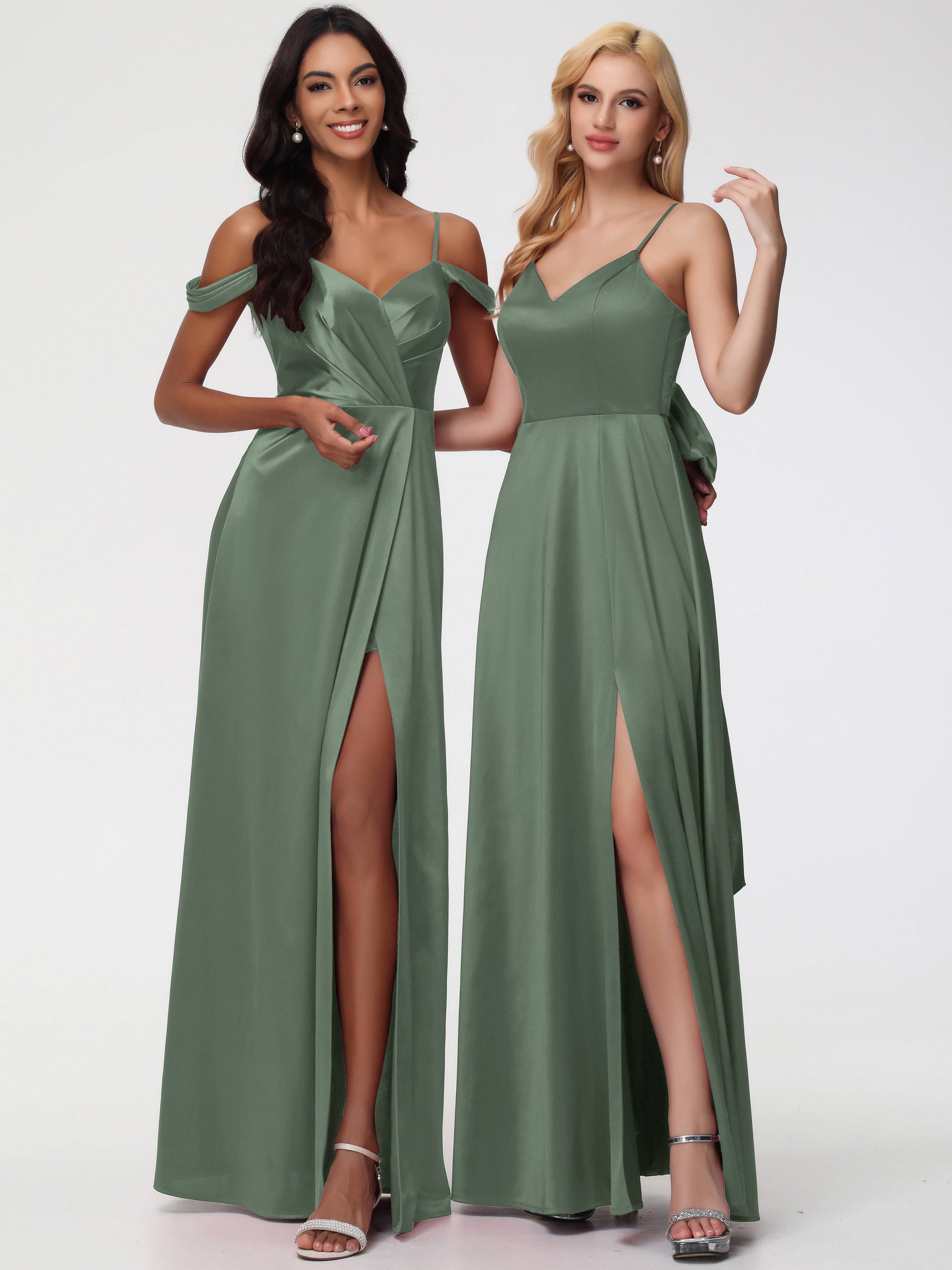 Demoiselle D Honneur Vert Olive Satin Extensible Robe Trapèze Demoiselle D'Honneur Épaule Dénudée
