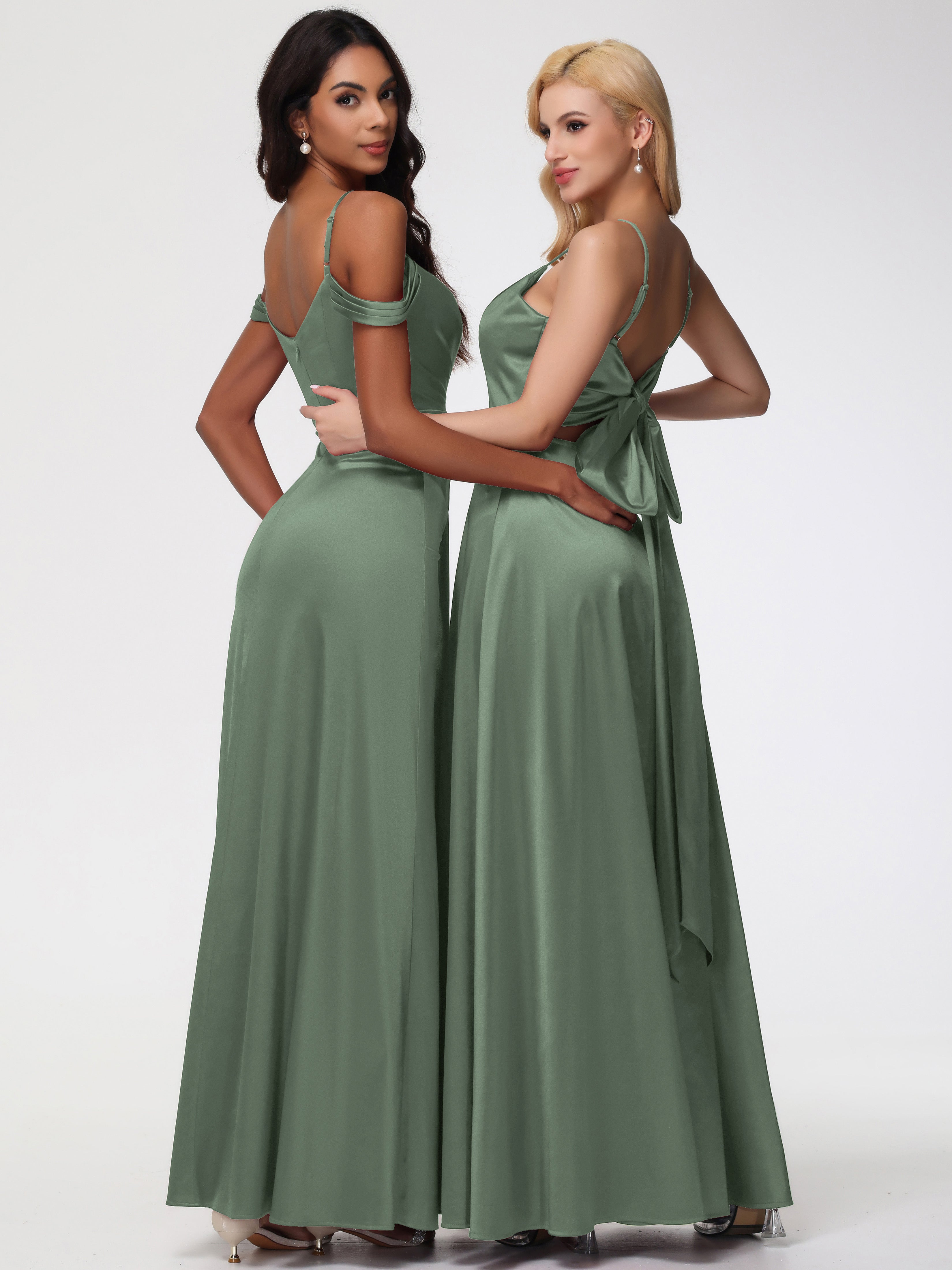 Demoiselle D Honneur Vert Olive Satin Extensible Robe Trapèze Demoiselle D'Honneur Épaule Dénudée