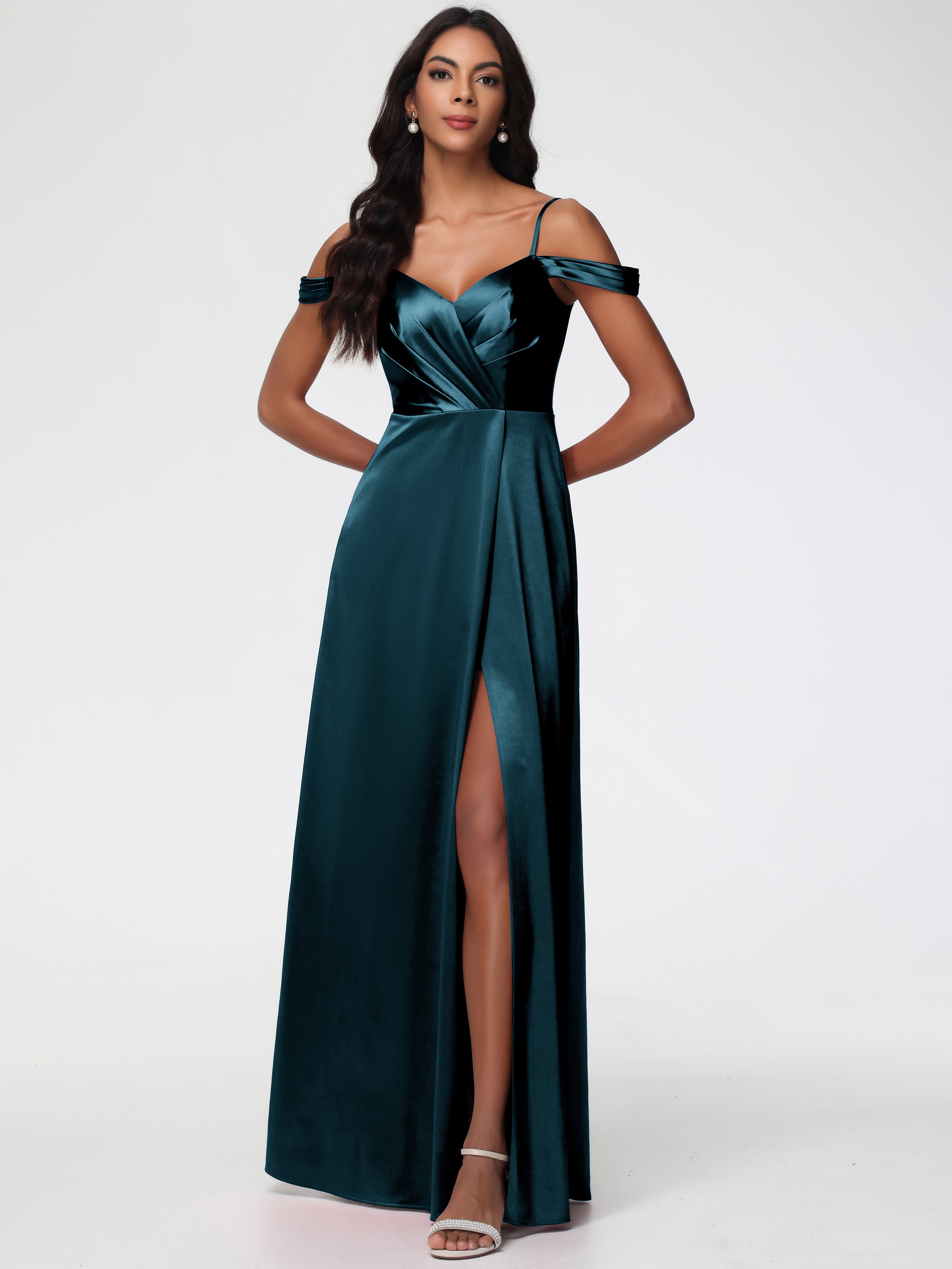 Robes De Demoiselle D'Honneur Couleur Paon Bon Marché Satin Extensible Robe Trapèze Demoiselle D'Honneur Épaule Dénudée