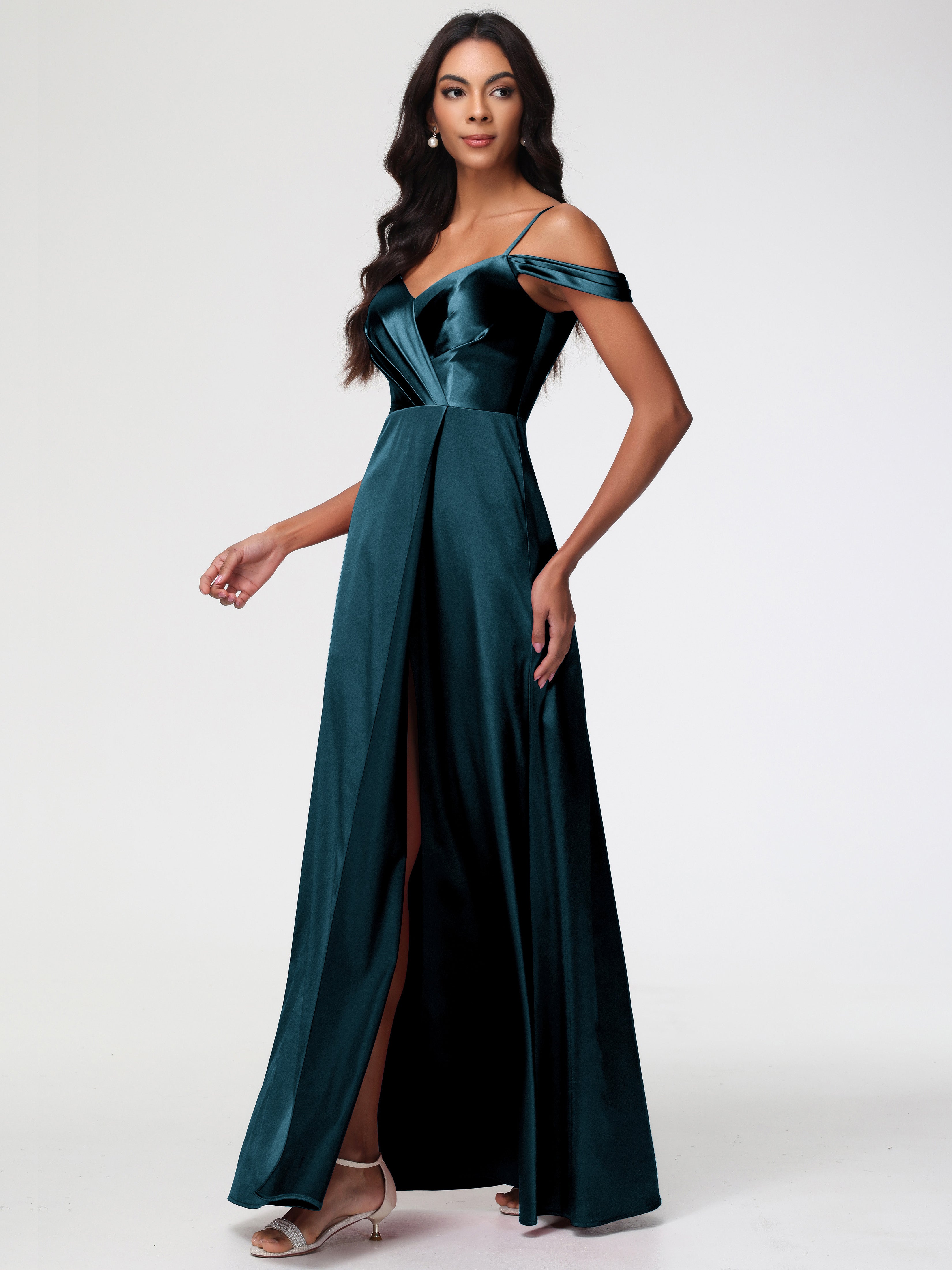 Robes De Demoiselle D'Honneur Couleur Paon Bon Marché Satin Extensible Robe Trapèze Demoiselle D'Honneur Épaule Dénudée