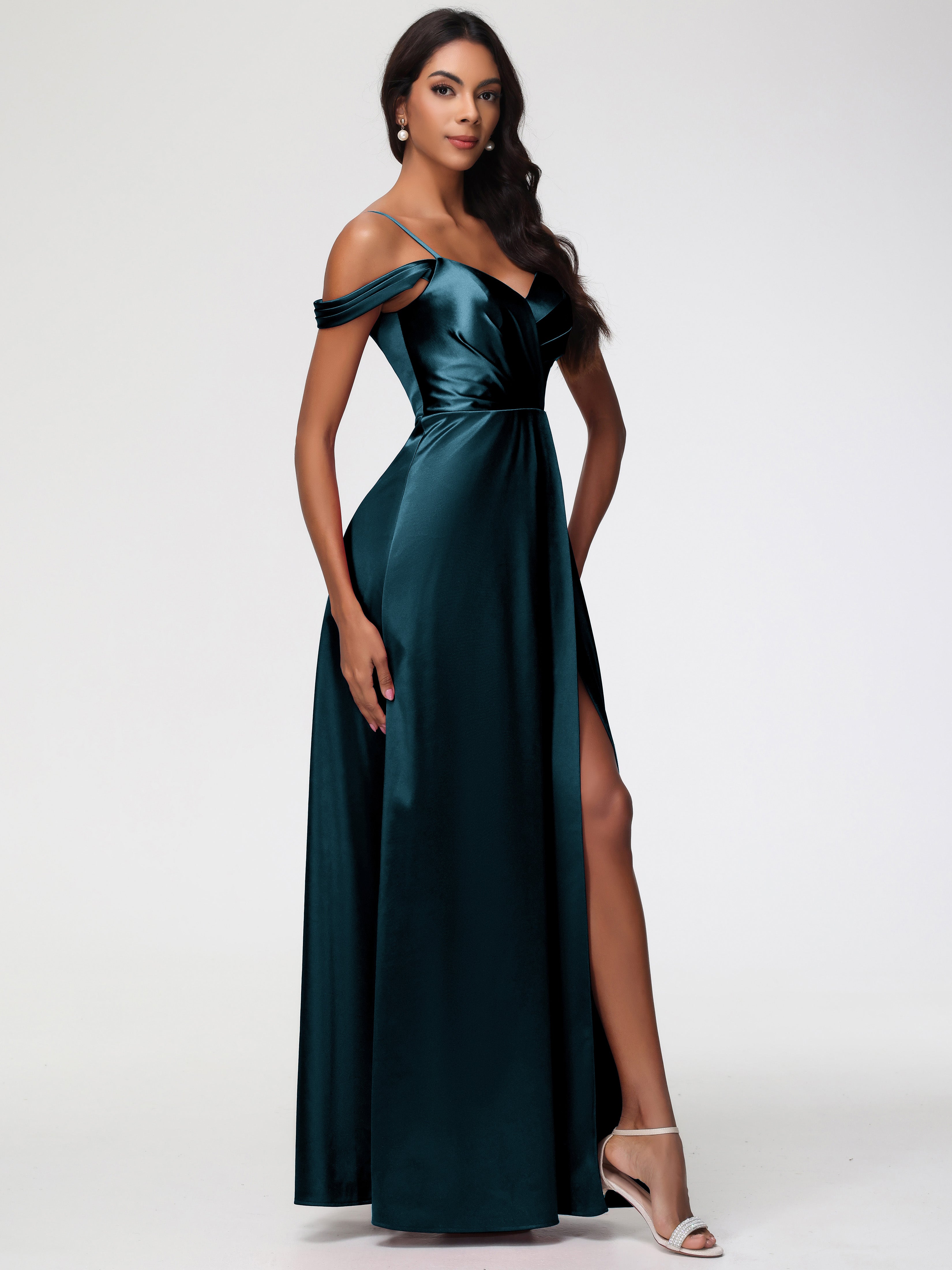 Robes De Demoiselle D'Honneur Couleur Paon Bon Marché Satin Extensible Robe Trapèze Demoiselle D'Honneur Épaule Dénudée