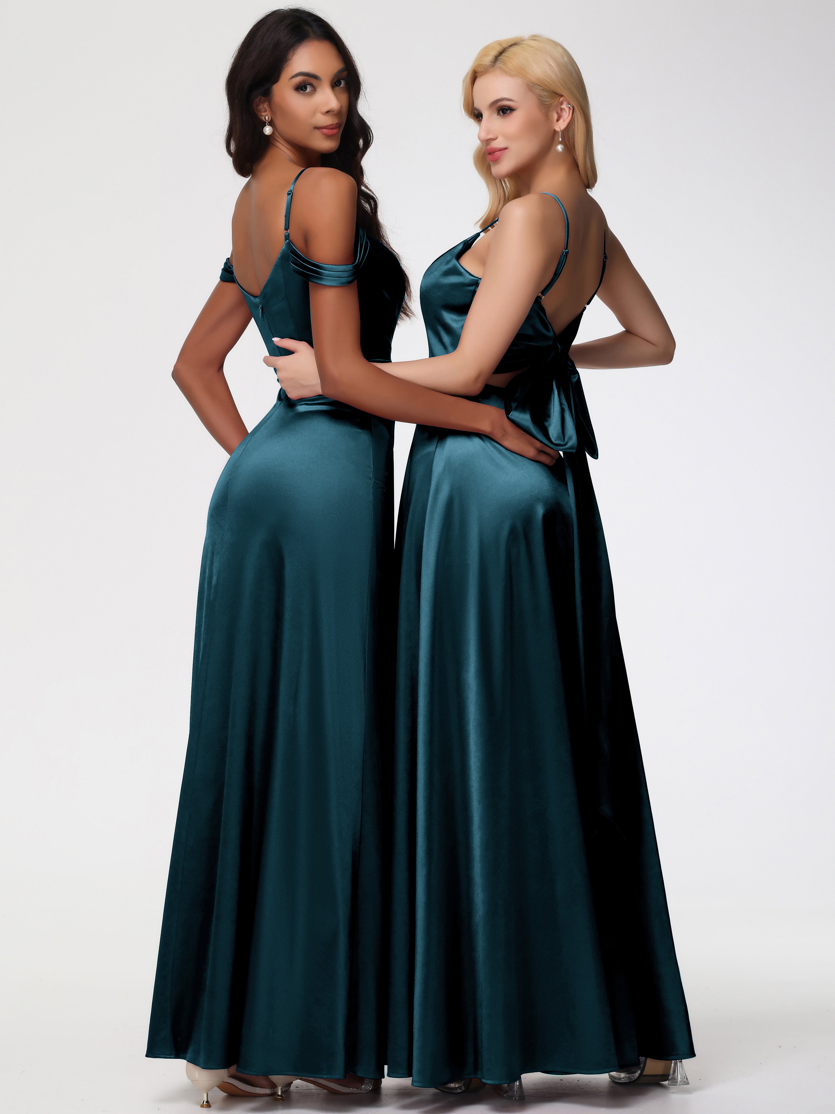 Robes De Demoiselle D'Honneur Couleur Paon Bon Marché Satin Extensible Robe Trapèze Demoiselle D'Honneur Épaule Dénudée