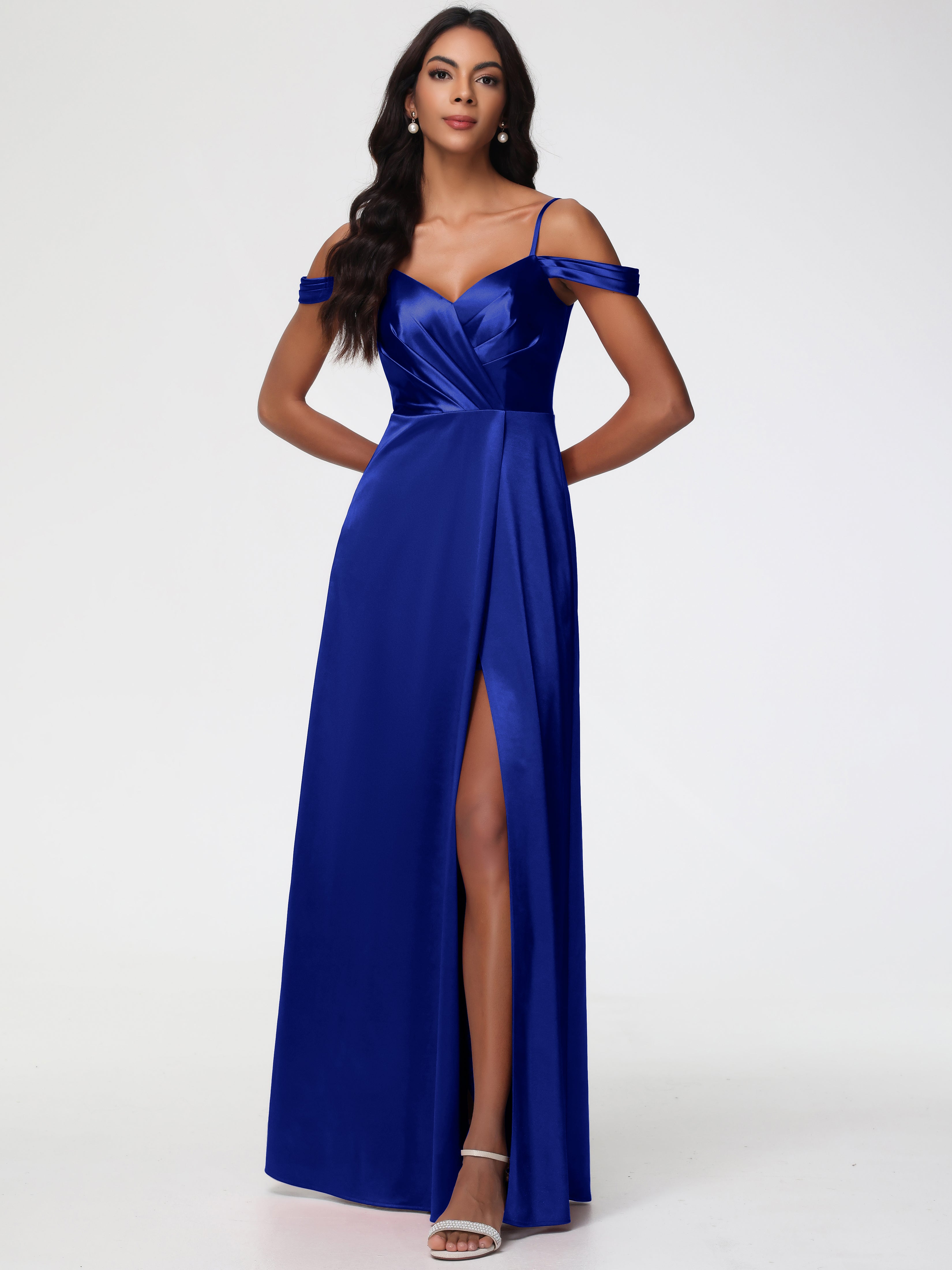 Robes De Demoiselle D'Honneur Bleu Royal Longues Satin Extensible Robe Trapèze Demoiselle D'Honneur Épaule Dénudée