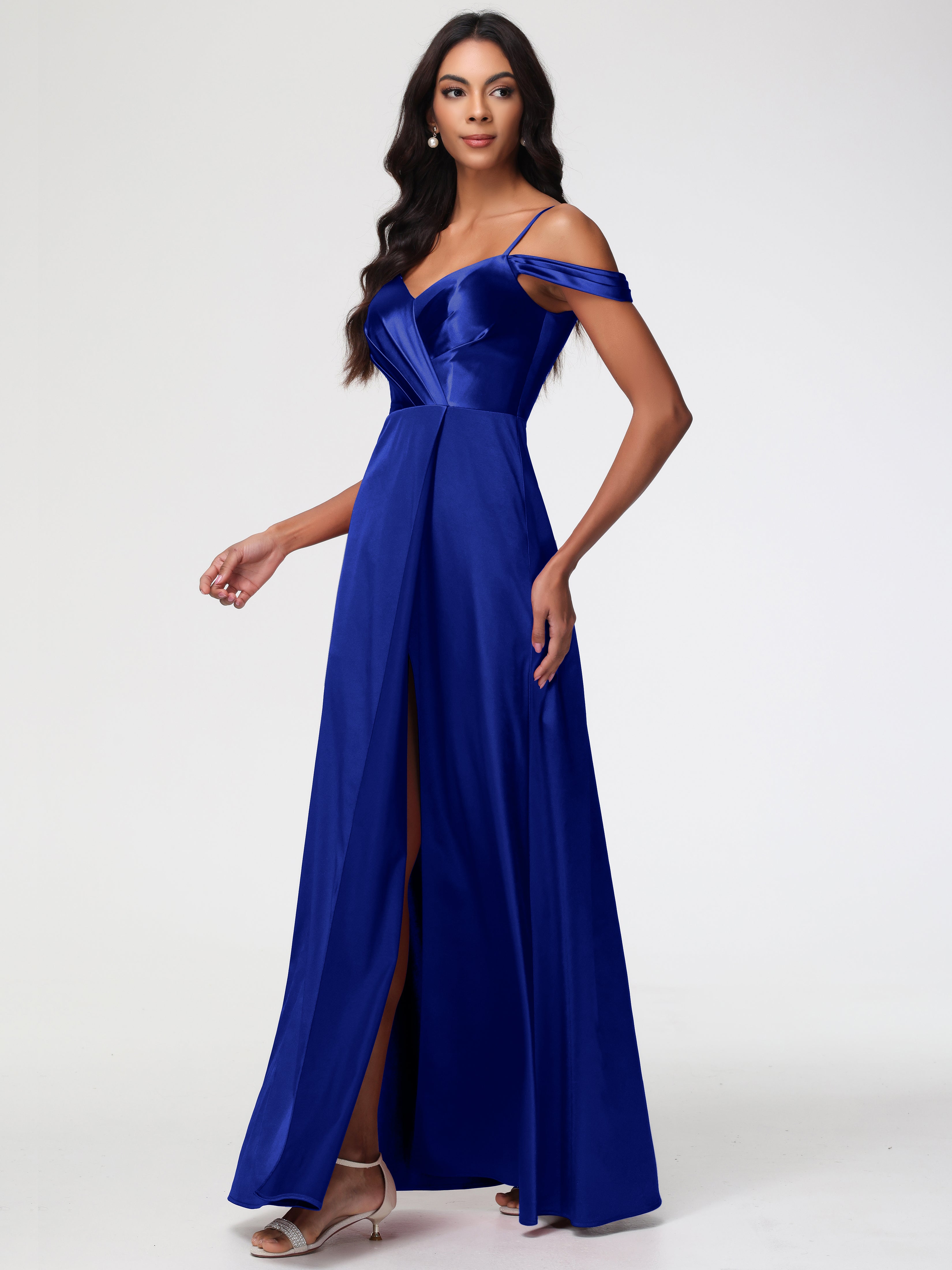 Robes De Demoiselle D'Honneur Bleu Royal Longues Satin Extensible Robe Trapèze Demoiselle D'Honneur Épaule Dénudée